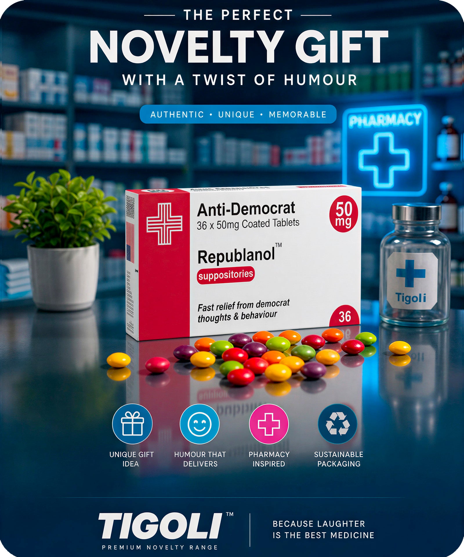 Anti-Democrat Republanol Prescription Joke Sweets, 36g | Vegan & Vegetarian Secondary image