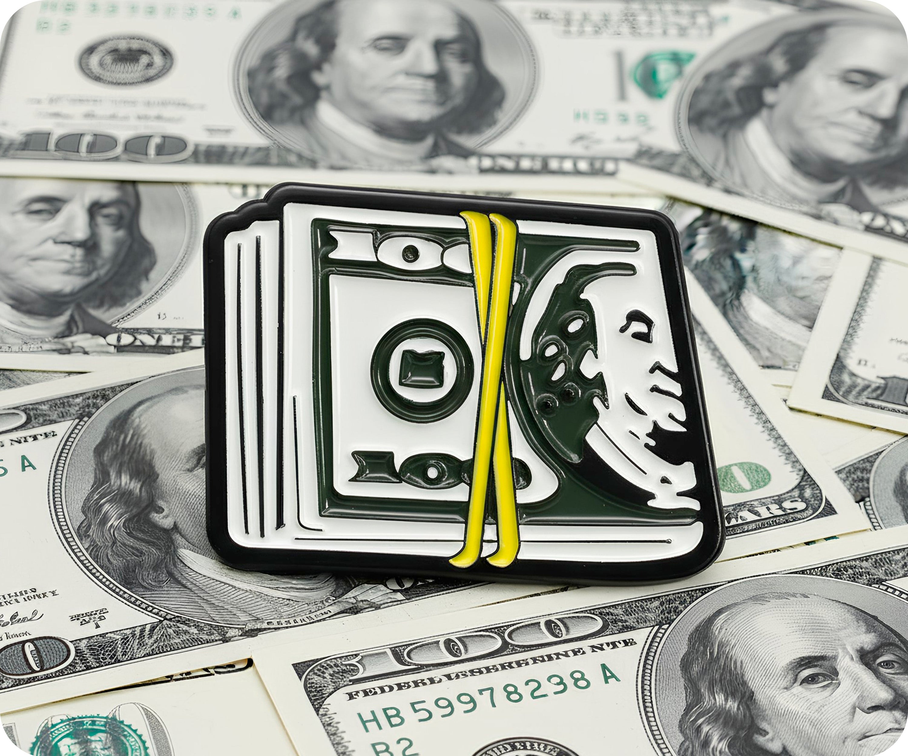 $100 Dollar Money Stack Pin Badge