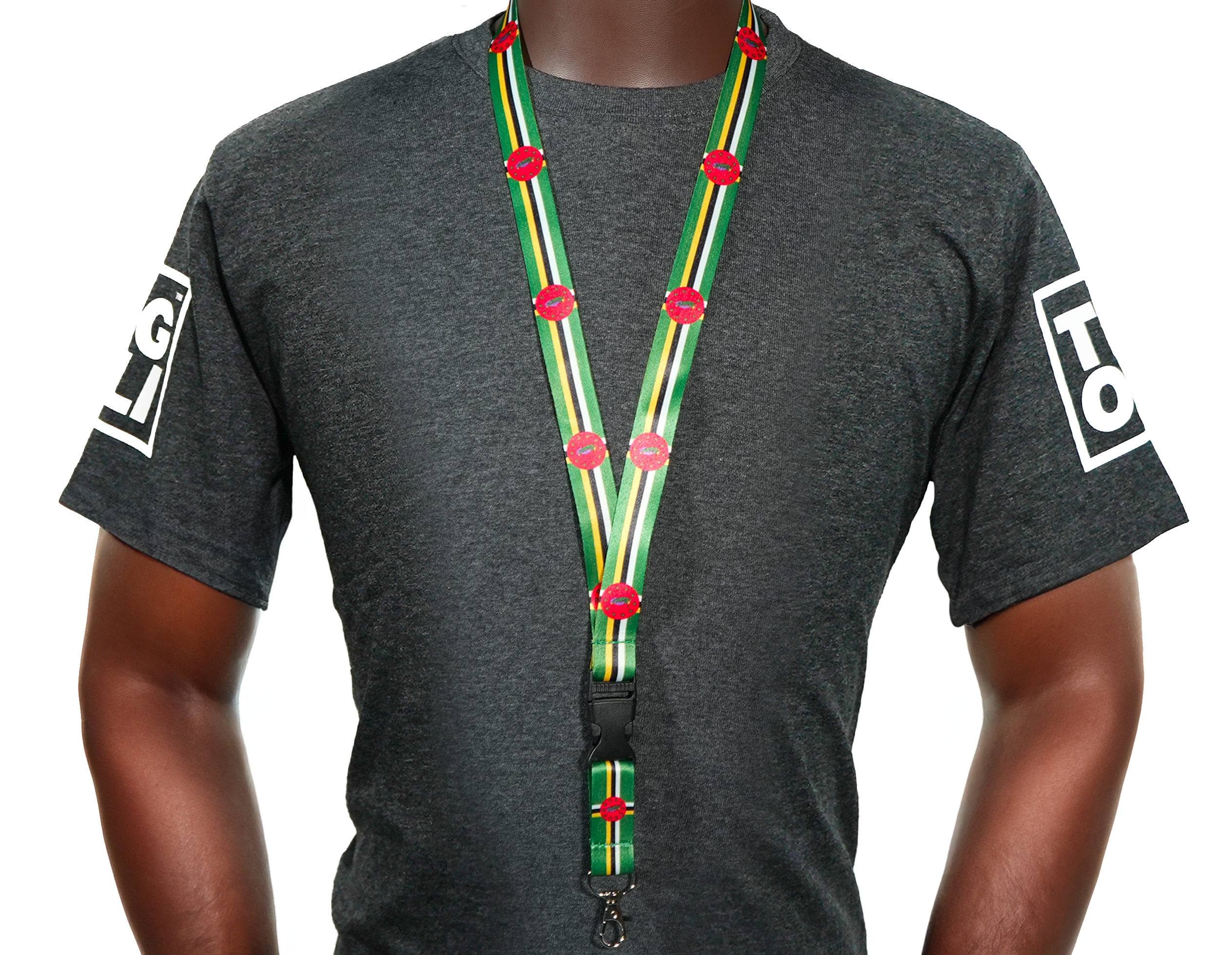 Dominica Flag Lanyard – Green, Yellow & Black Design with Coat of Arms and Parrot Crest Secondary image