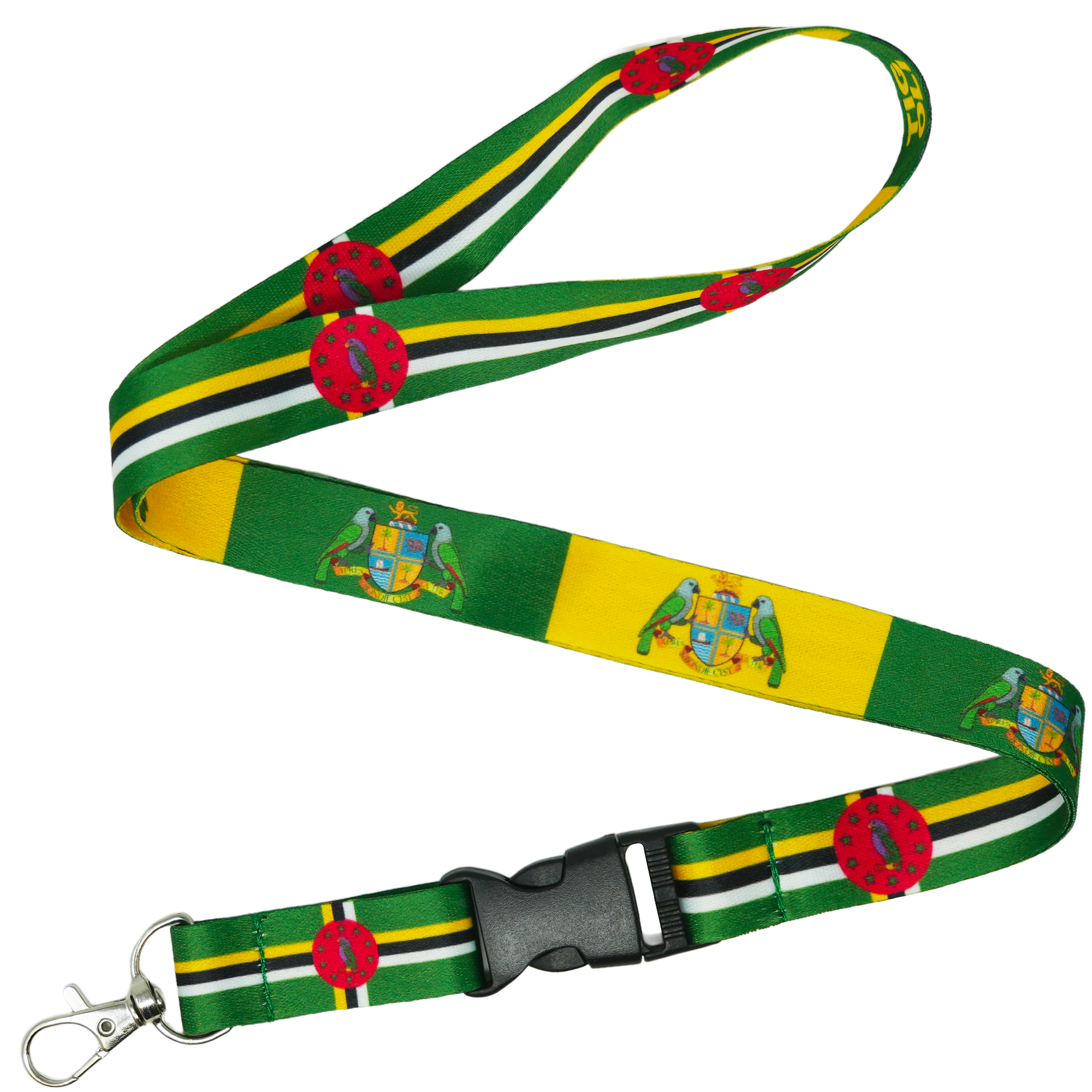 Dominica Flag Lanyard – Green, Yellow & Black Design with Coat of Arms and Parrot Crest