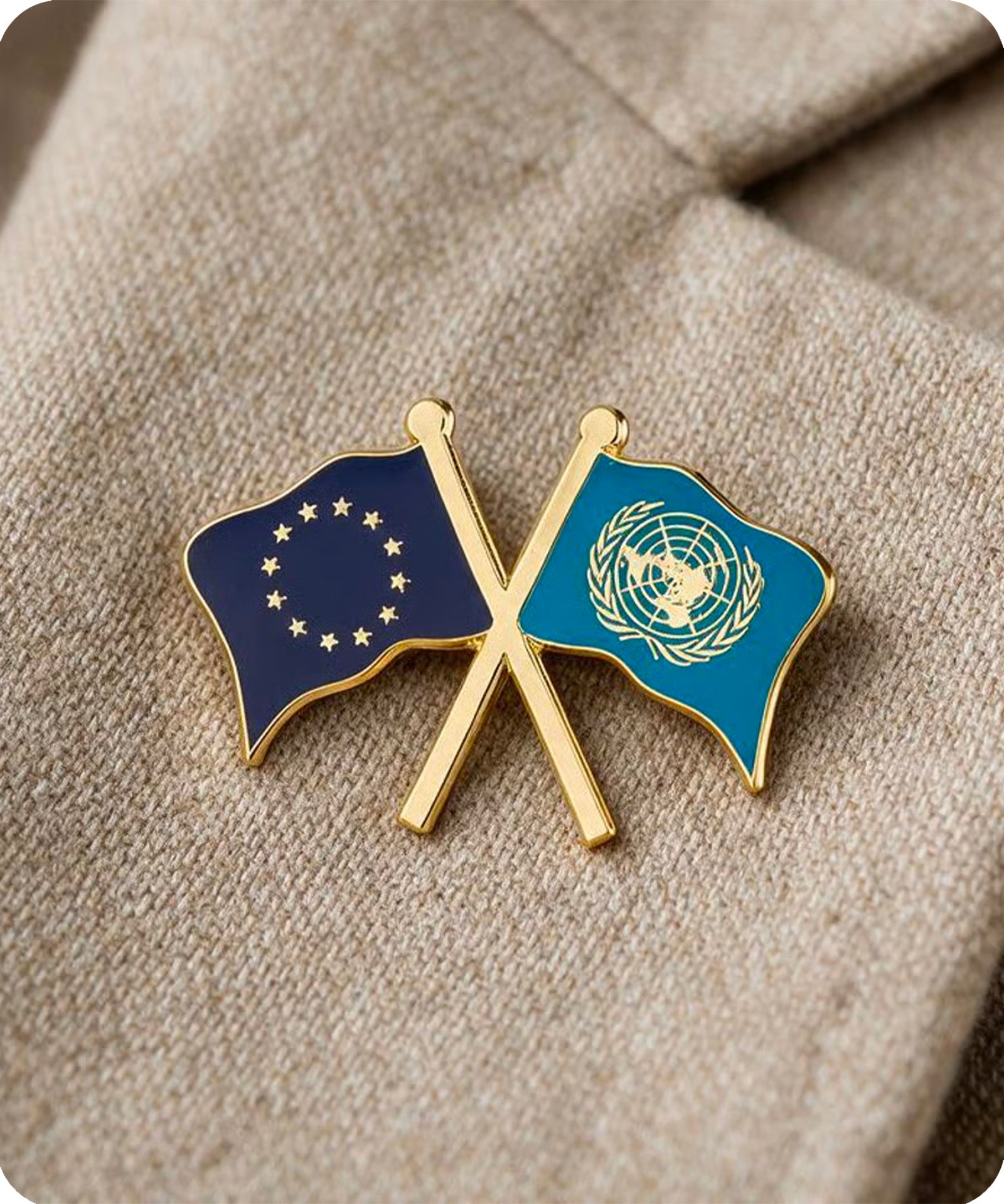 European Union & United Nations Crossed Flags Enamel Pin Badge
