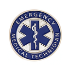 A round pin badge with blue and white colors featuring the symbol for emergency medical technicians and the text 'EMERGENCY MEDICAL TECHNICIAN'.