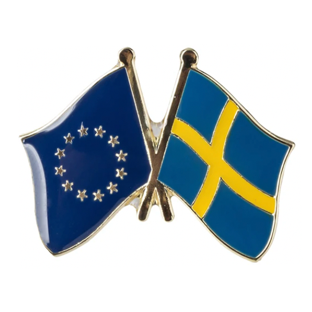 Enamel pin badge featuring flags of the European Union and Sweden with a butterfly clutch backing.