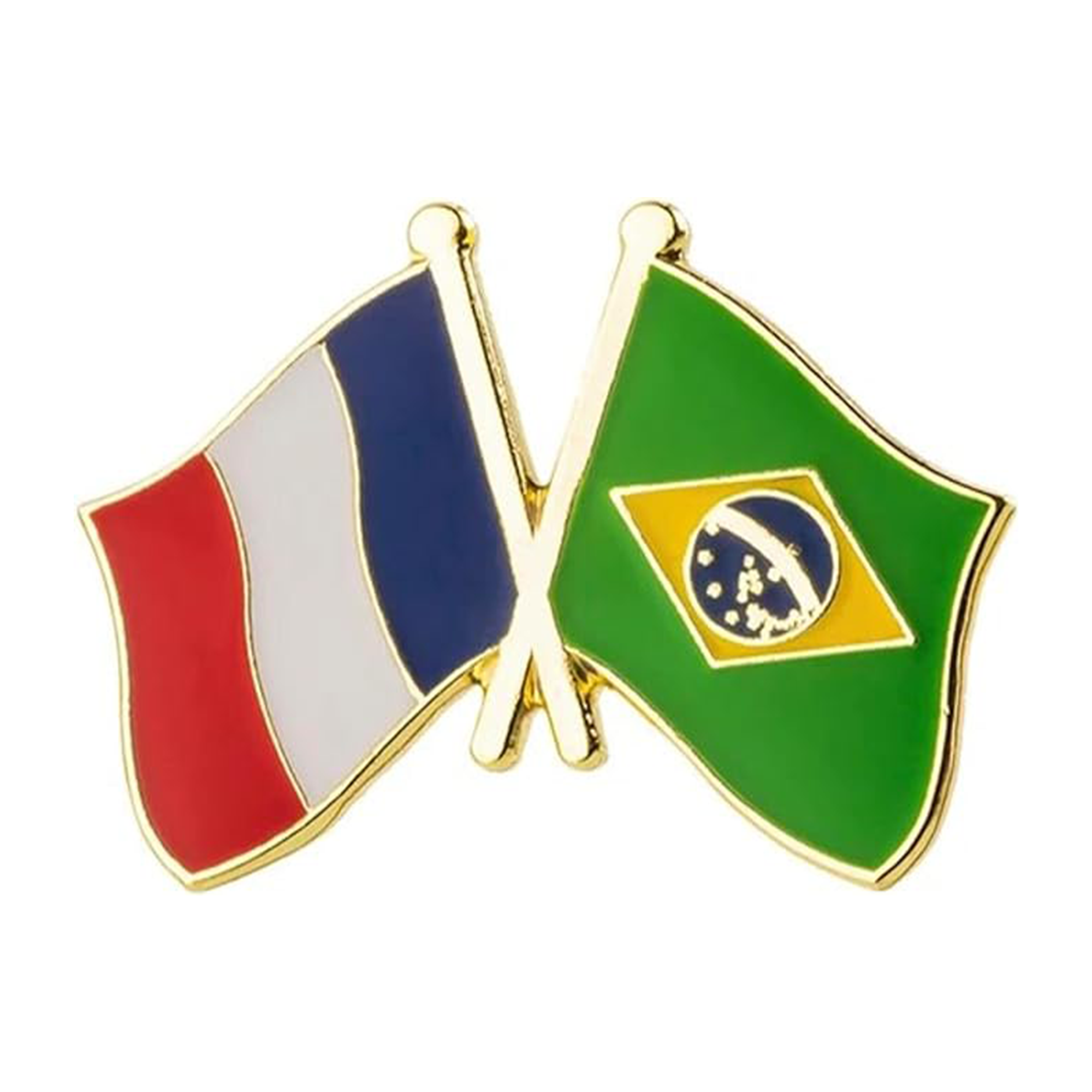 A friendship pin badge featuring crossed French and Brazilian flags, with a butterfly clutch, made from brass-plated iron and hard enamel.