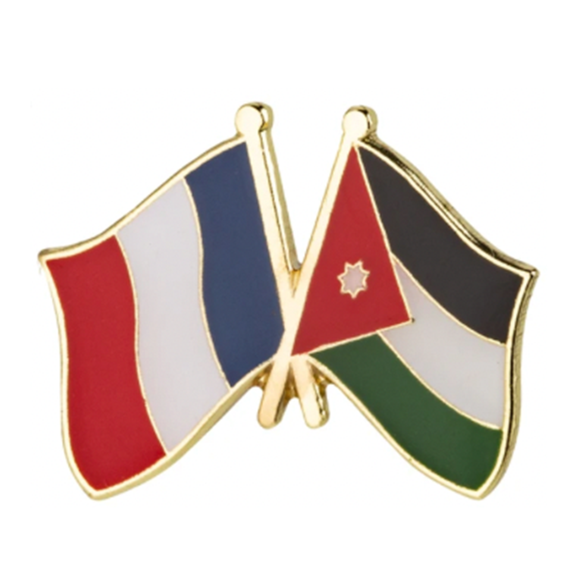 A brass plated iron and hard enamel pin badge featuring the flags of France, Jordan, and a butterfly clutch. Imagen principal del producto