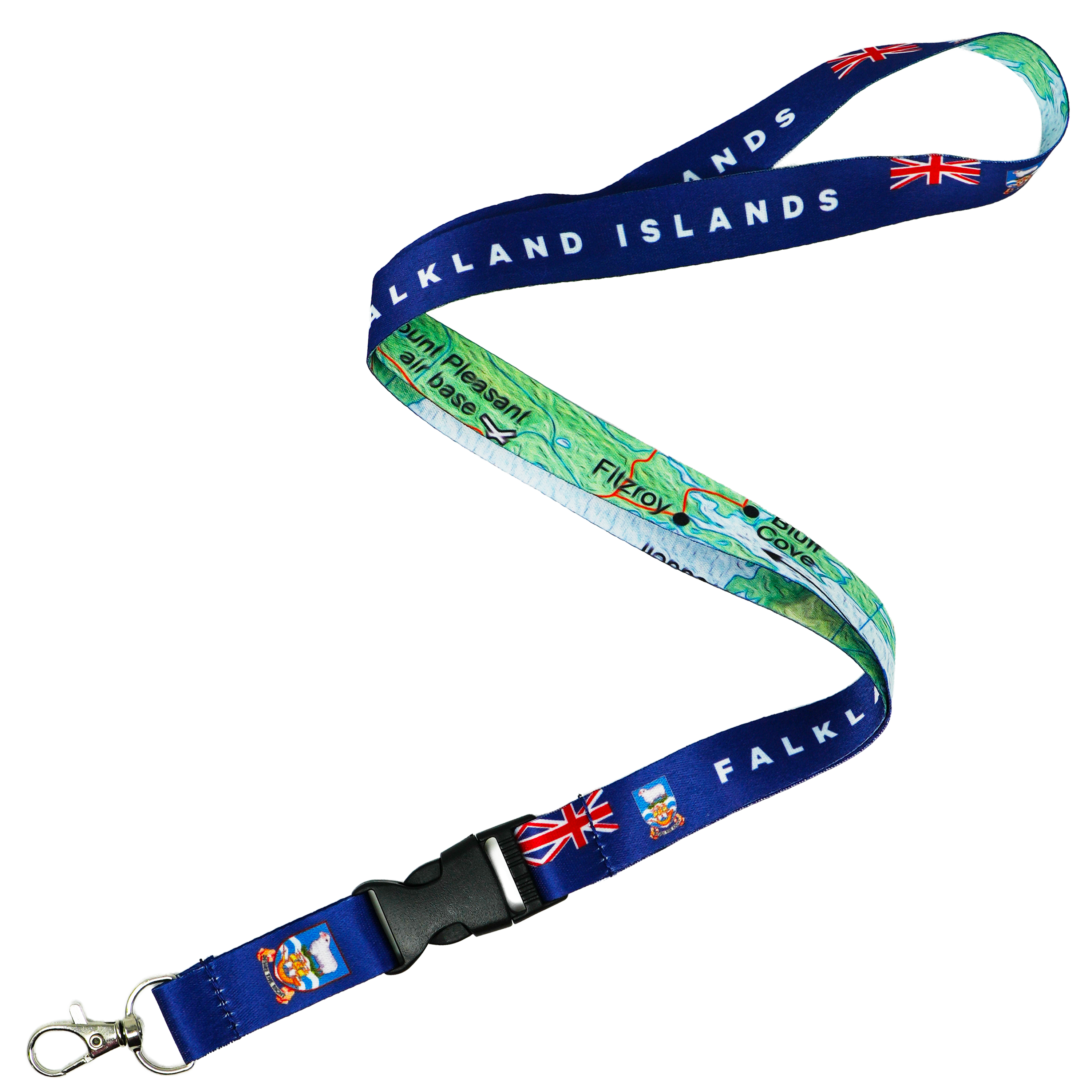 Falkland Islands Lanyard – Blue & Green Map Design with Union Jack and Island Crest Main image