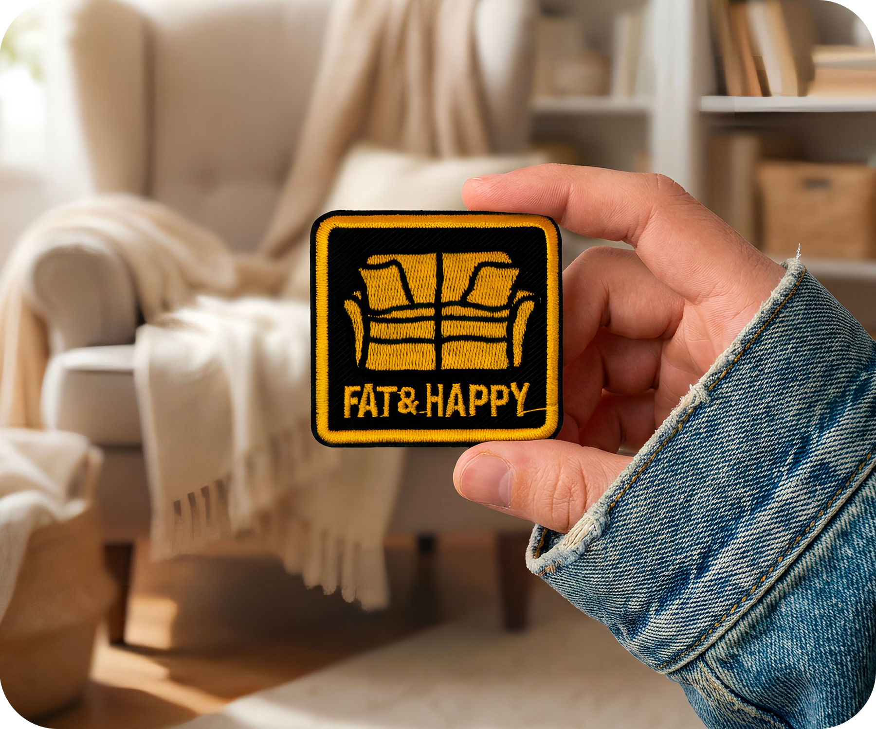 Fat & Happy Funny Couch Sofa Iron On Patch (6 x 5.5cm) Secondary image