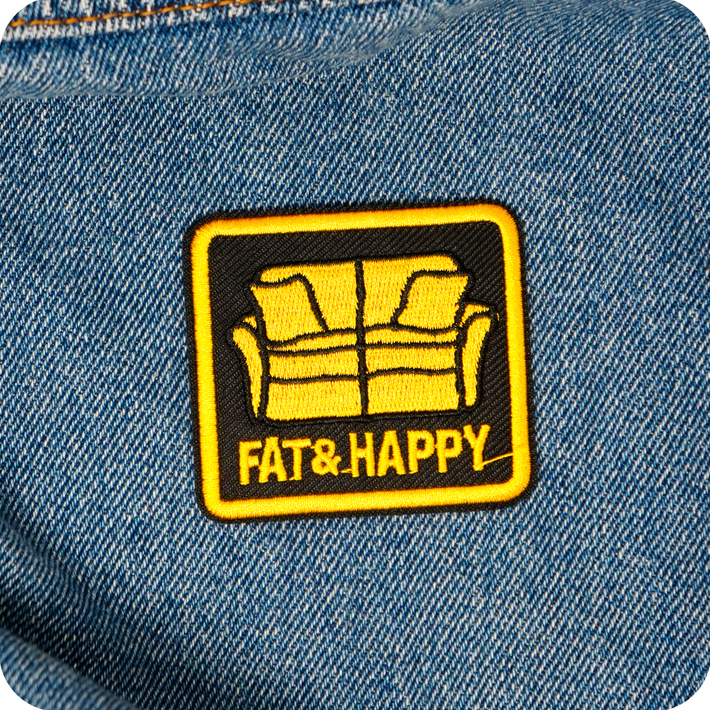 Fat & Happy Funny Couch Sofa Iron On Patch (6 x 5.5cm)