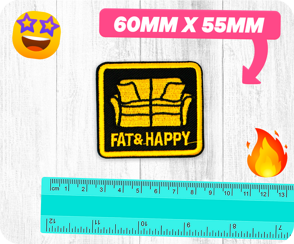 Fat & Happy Funny Couch Sofa Iron On Patch (6 x 5.5cm)