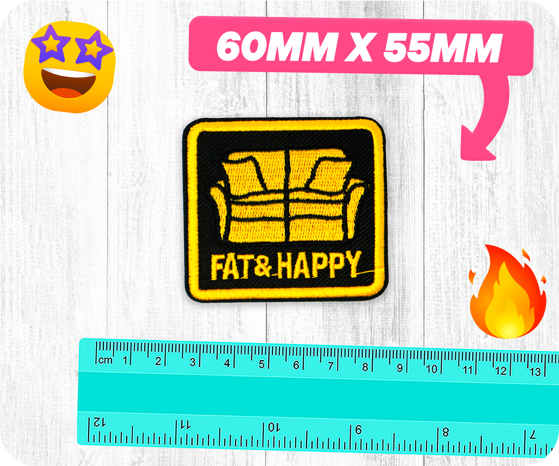 Fat & Happy Funny Couch Sofa Iron On Patch (6 x 5.5cm)