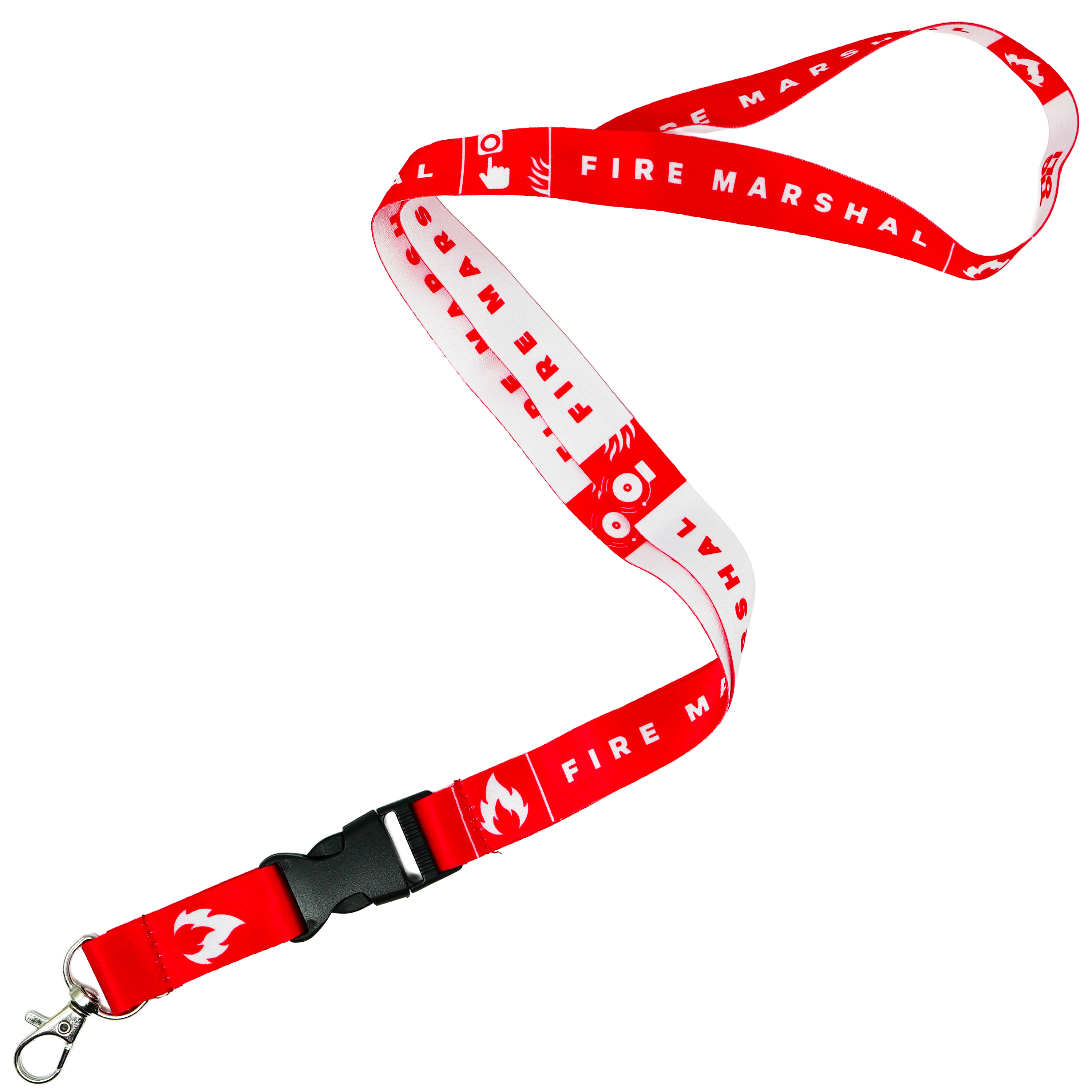 Fire Marshal Lanyard – Red & White Safety Neck Strap with Fire Icons Main image