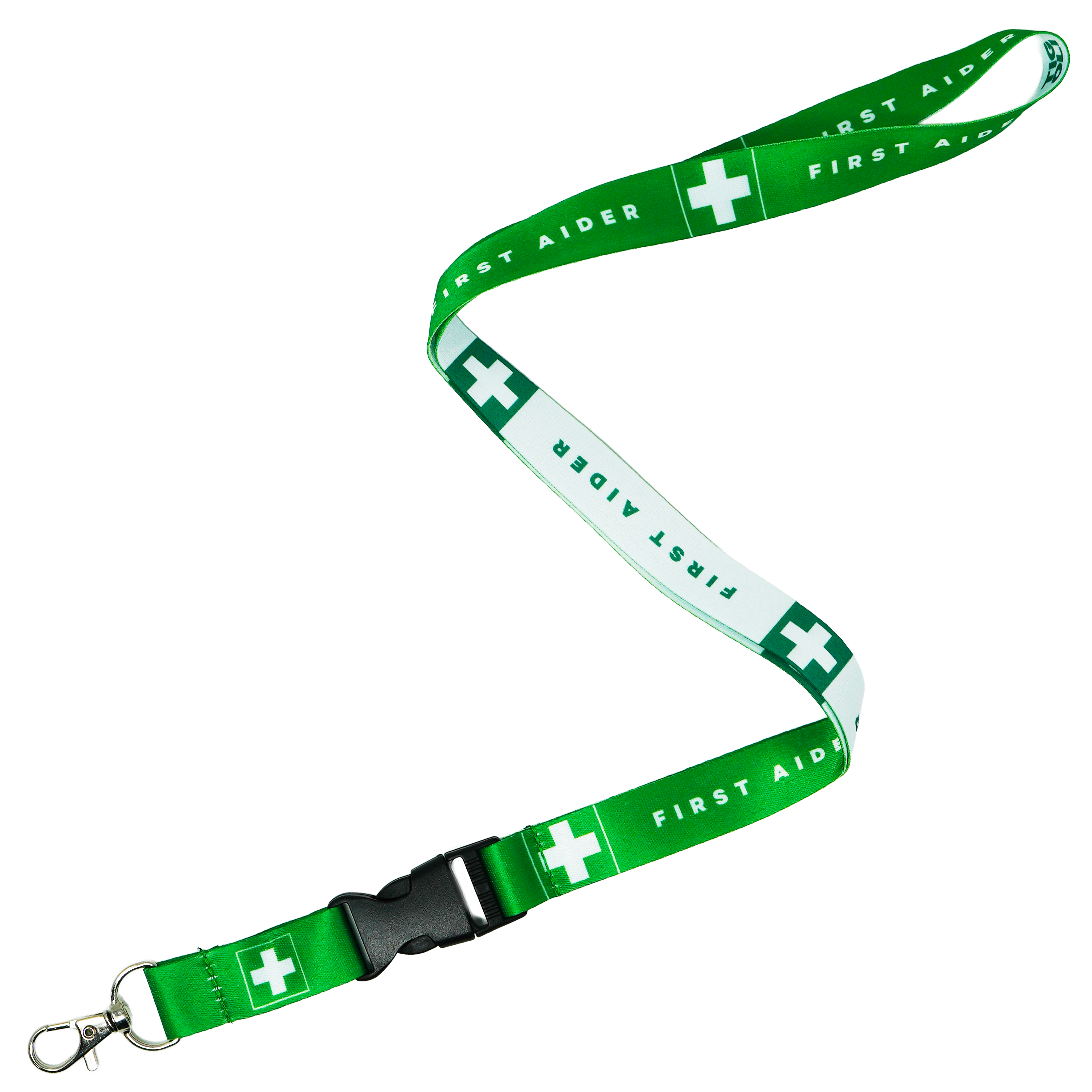 First Aider Lanyard – Green & White Safety Neck Strap with Medical Cross Symbol Main image