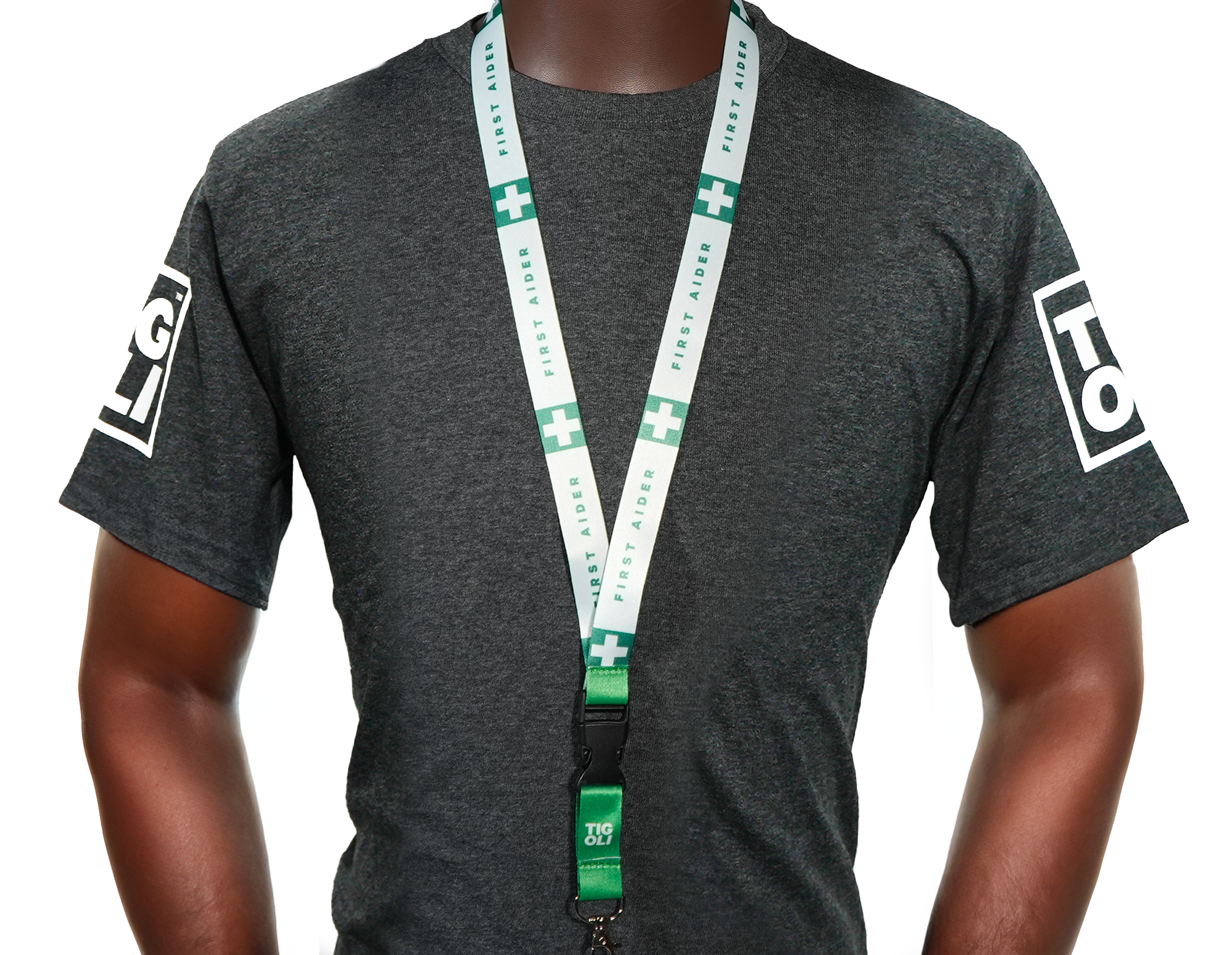 First Aider Lanyard – Green & White Safety Neck Strap with Medical Cross Symbol