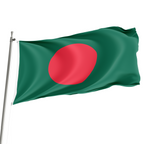 The flag of Bangladesh, featuring a green field with a red disc, is displayed on a flagpole against a white background.