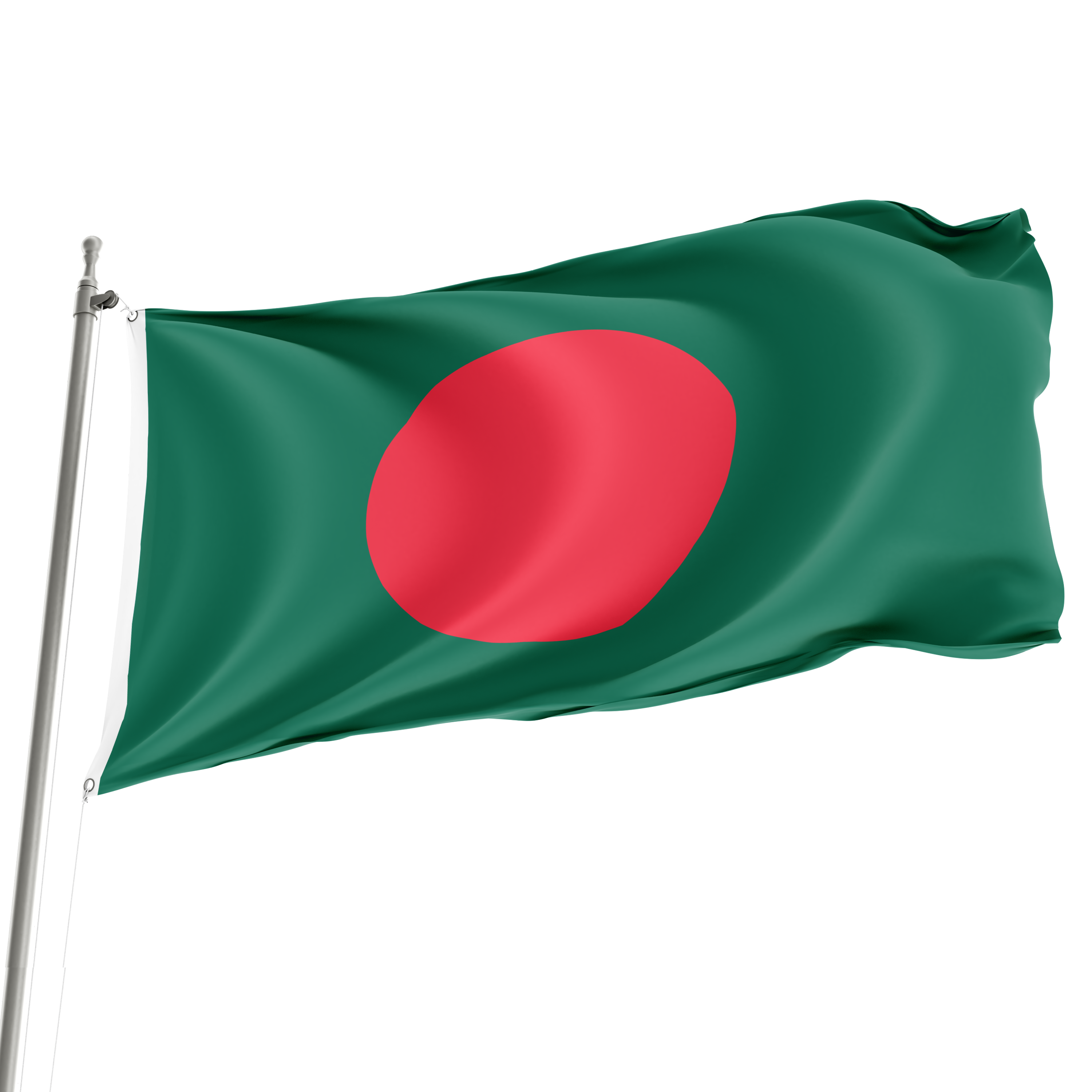 The flag of Bangladesh, featuring a green field with a red disc, is displayed on a flagpole against a white background.