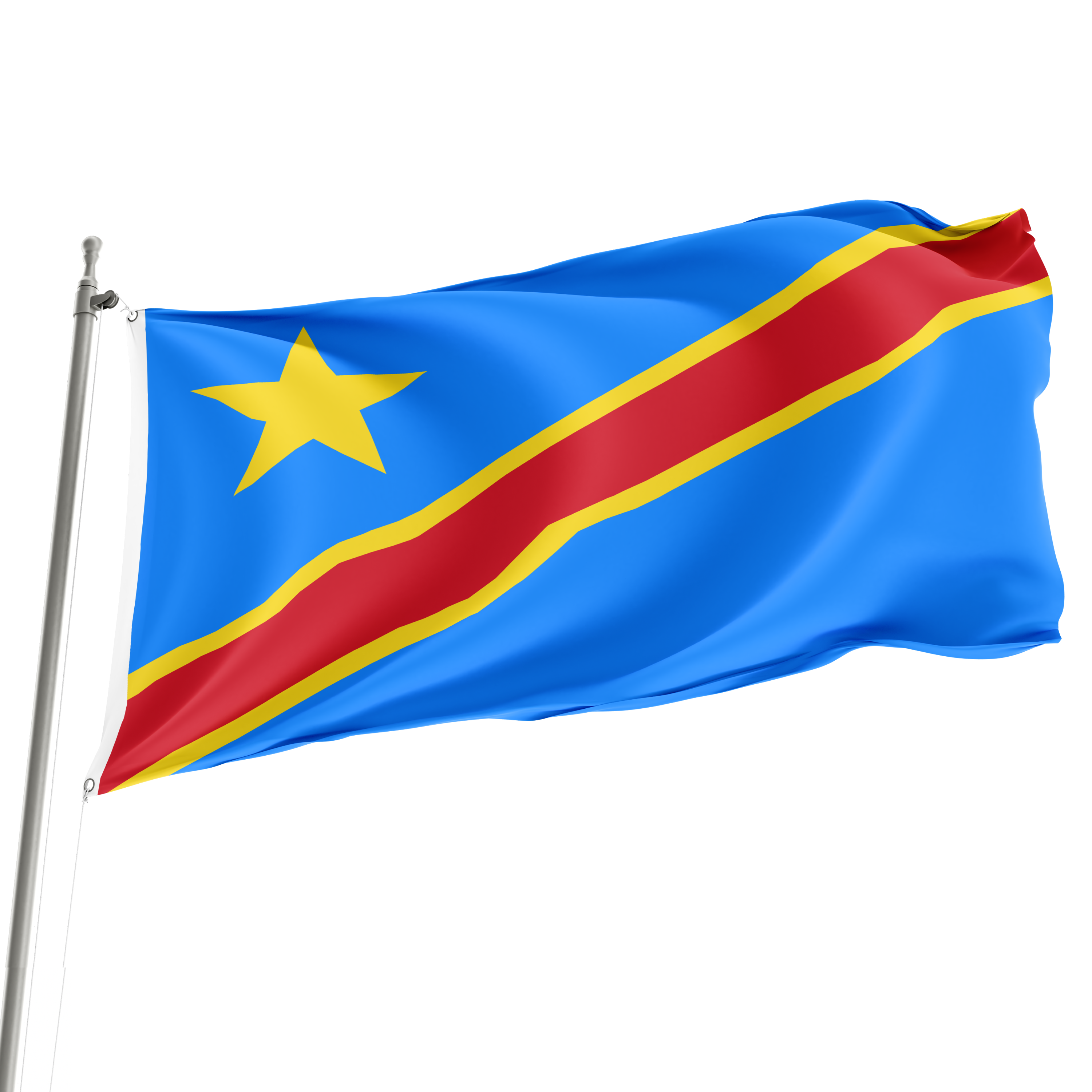 A 3' x 5' flag of the Democratic Republic of the Congo, featuring a yellow star on a blue background with a red stripe, is displayed on a flagpole. Imagen principal del producto