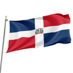 The flag of the Dominican Republic, featuring horizontal stripes in red, white, and blue colors, with the national coat of arms in the center.