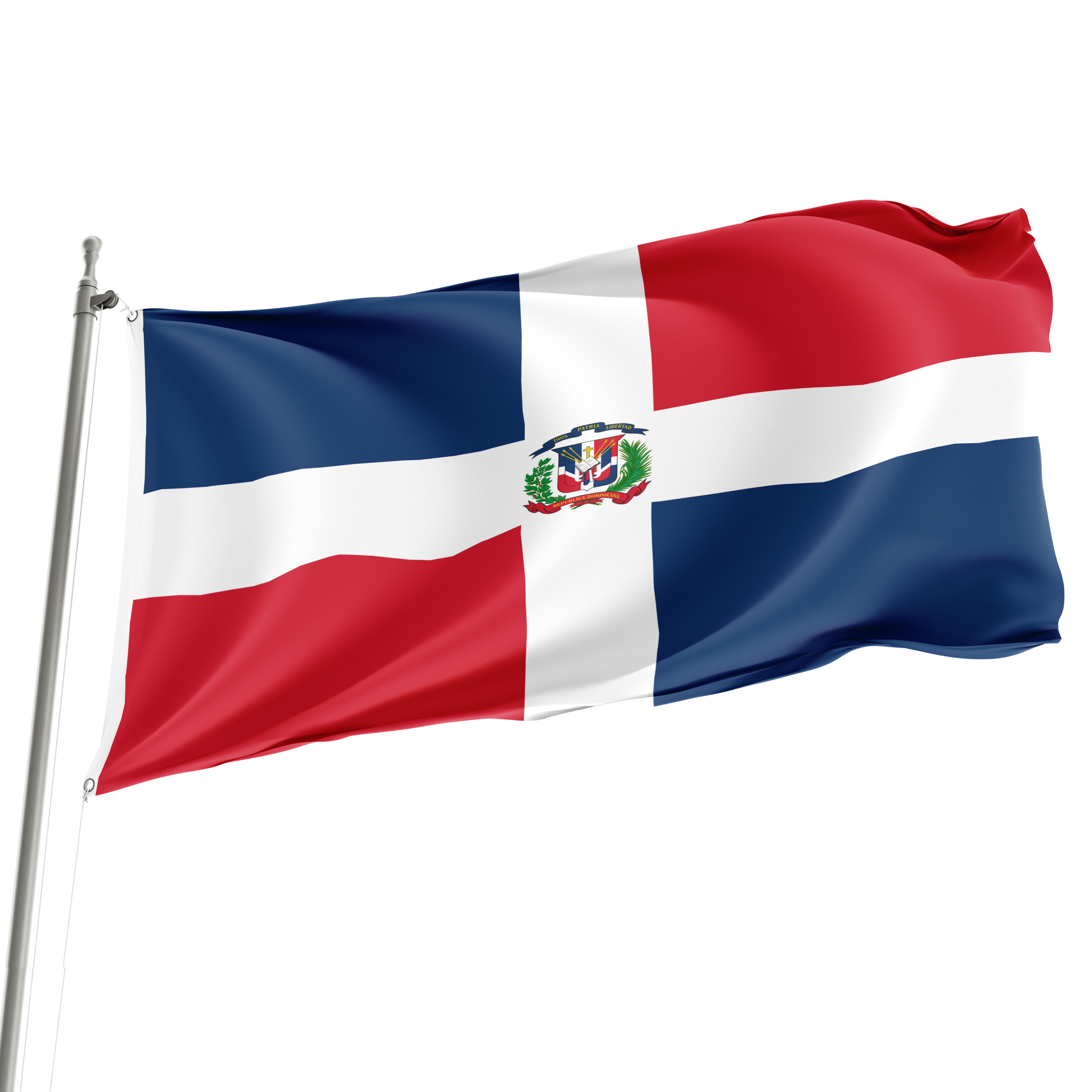 The flag of the Dominican Republic, featuring horizontal stripes in red, white, and blue colors, with the national coat of arms in the center.