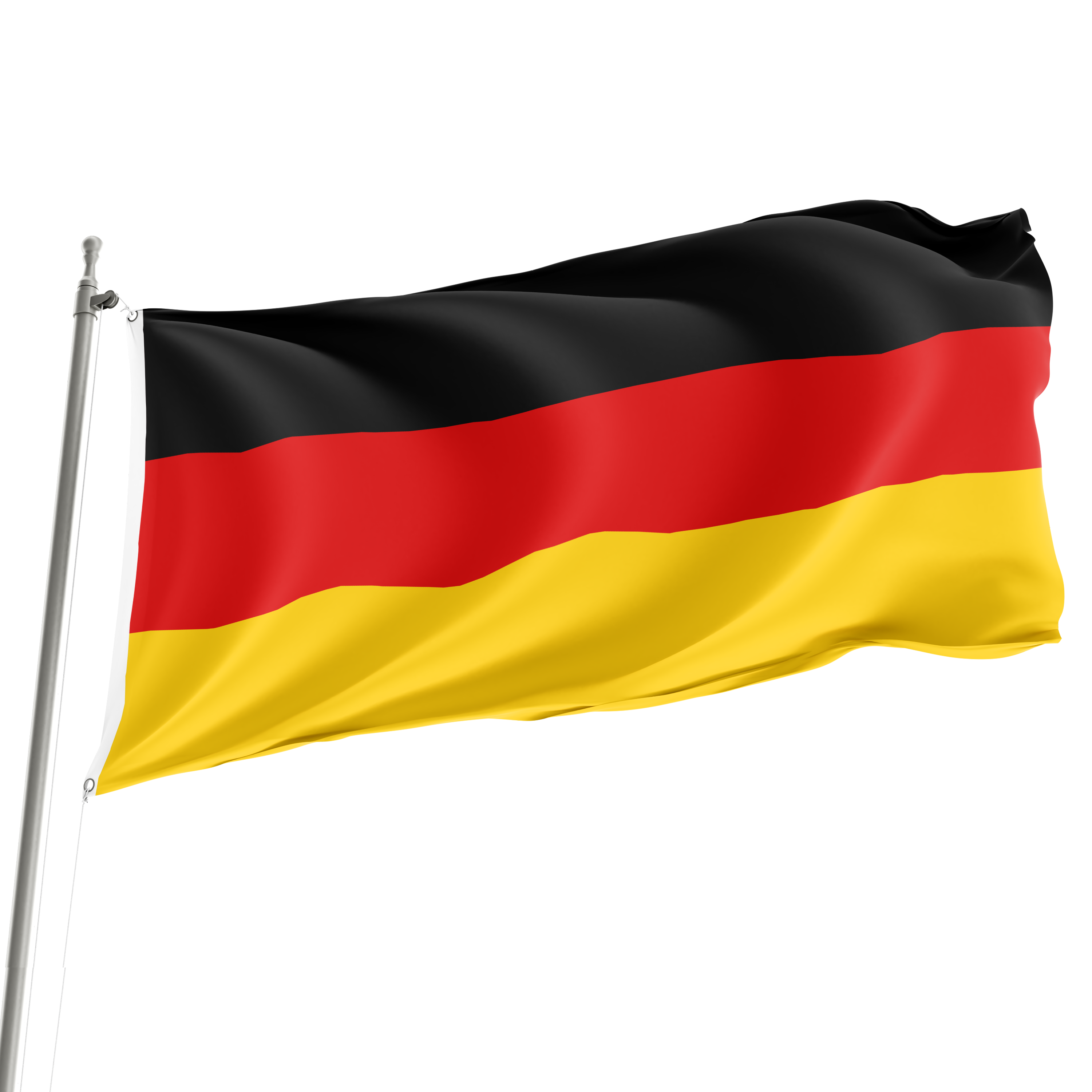 A 3' x 5' Germany flag displayed on a flagpole, showing the black, red, and yellow stripes of the German national flag. Imagen principal del producto