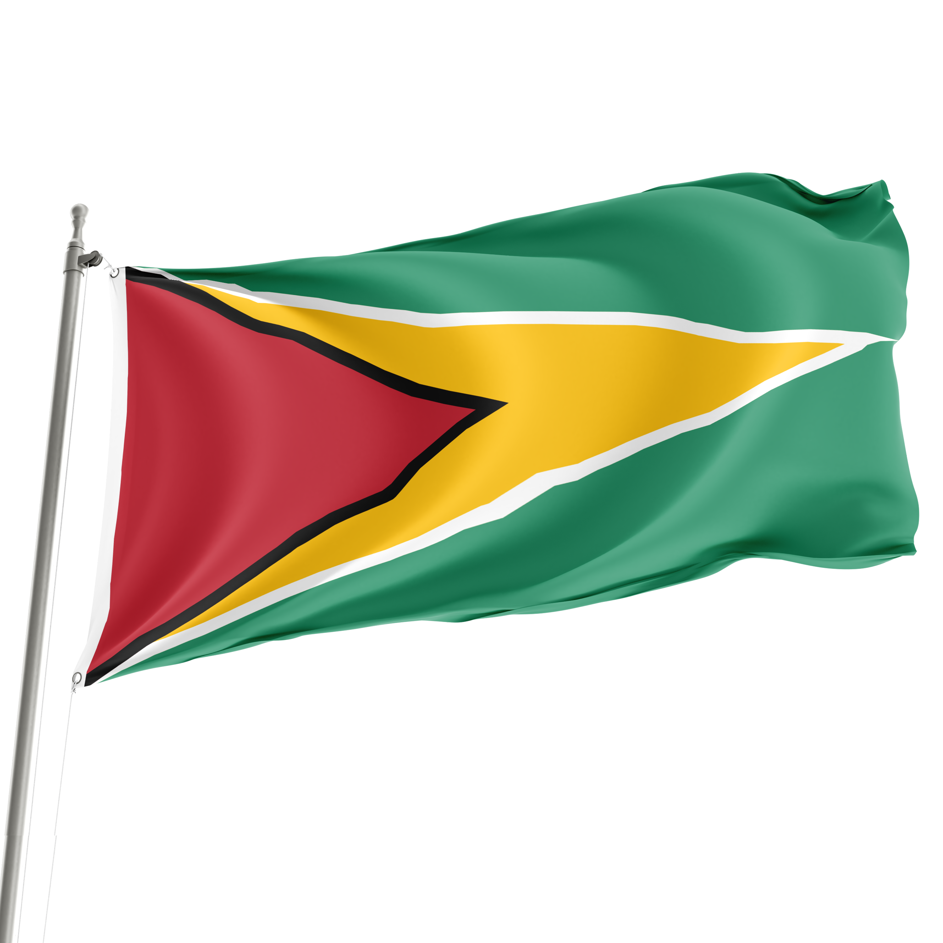 A 3' x 5' Guyana flag with a vibrant design, featuring a red, yellow, and green color scheme, displayed on a flagpole. Imagen principal del producto