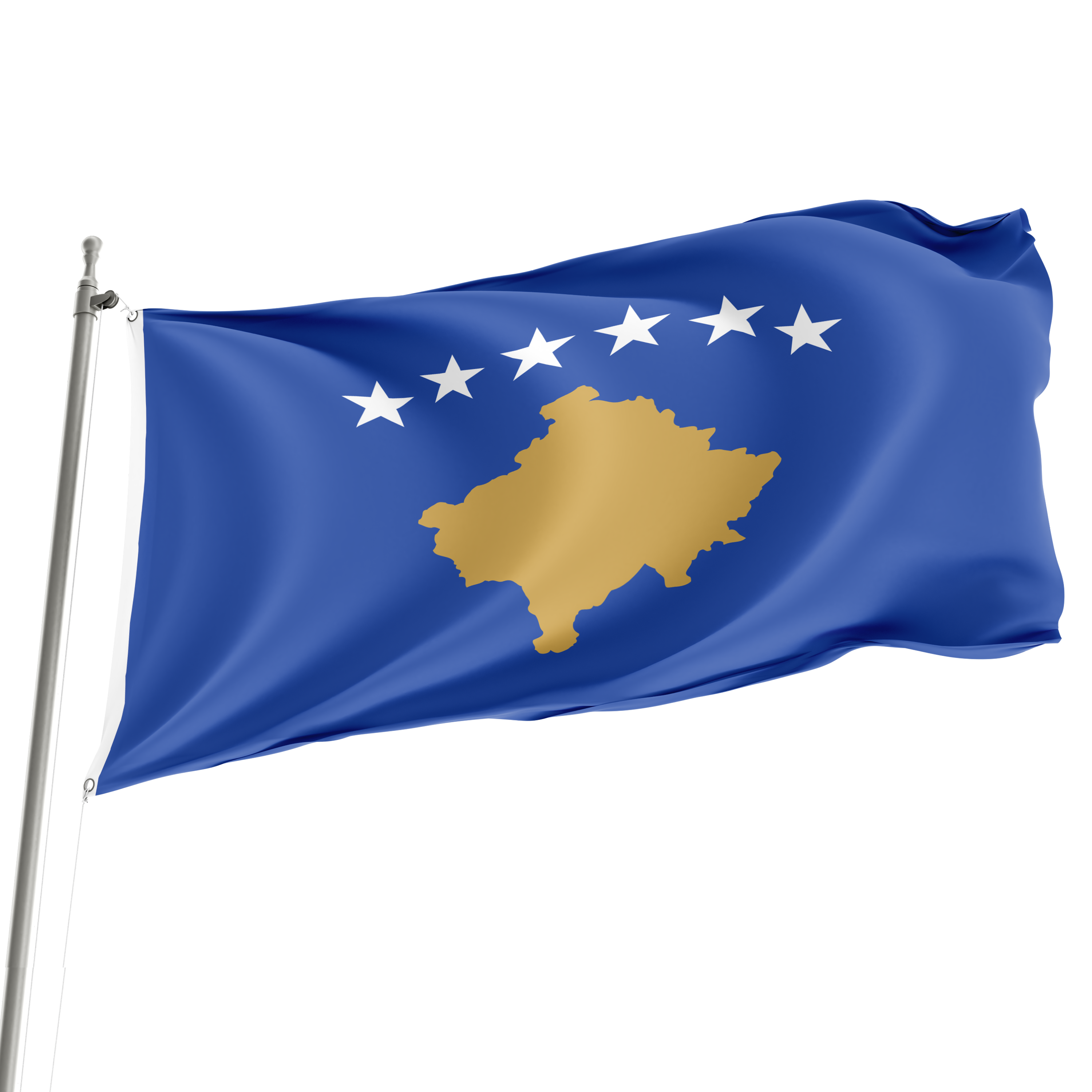 A 3' x 5' flag of Kosovo displayed on a flagpole, showing the blue background with the golden shape of the country and five white stars. Imagen principal del producto