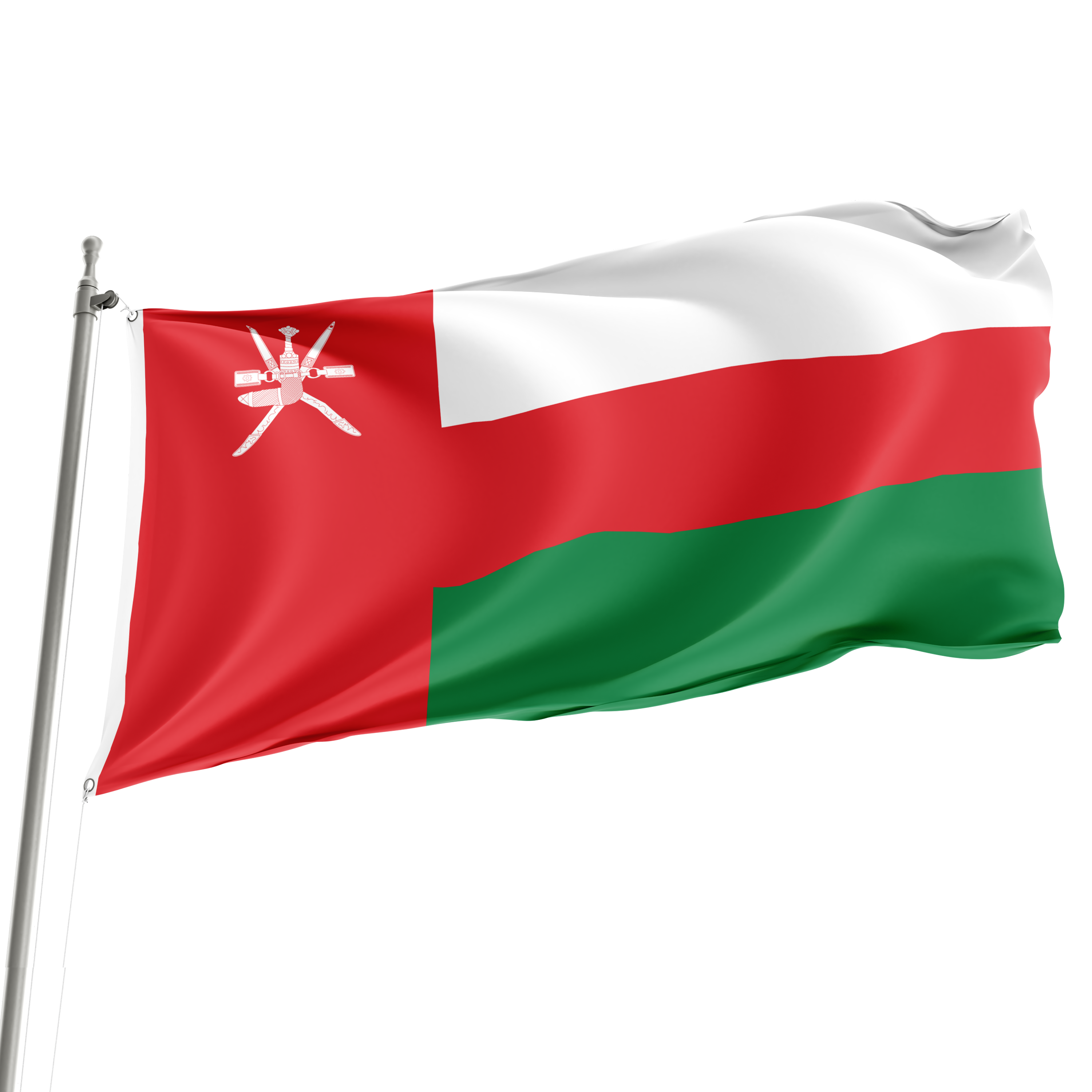 The flag of Oman, featuring a white star on a red background, with a green triangle on the hoist side, is flying on a flagpole against a white background. Imagen principal del producto
