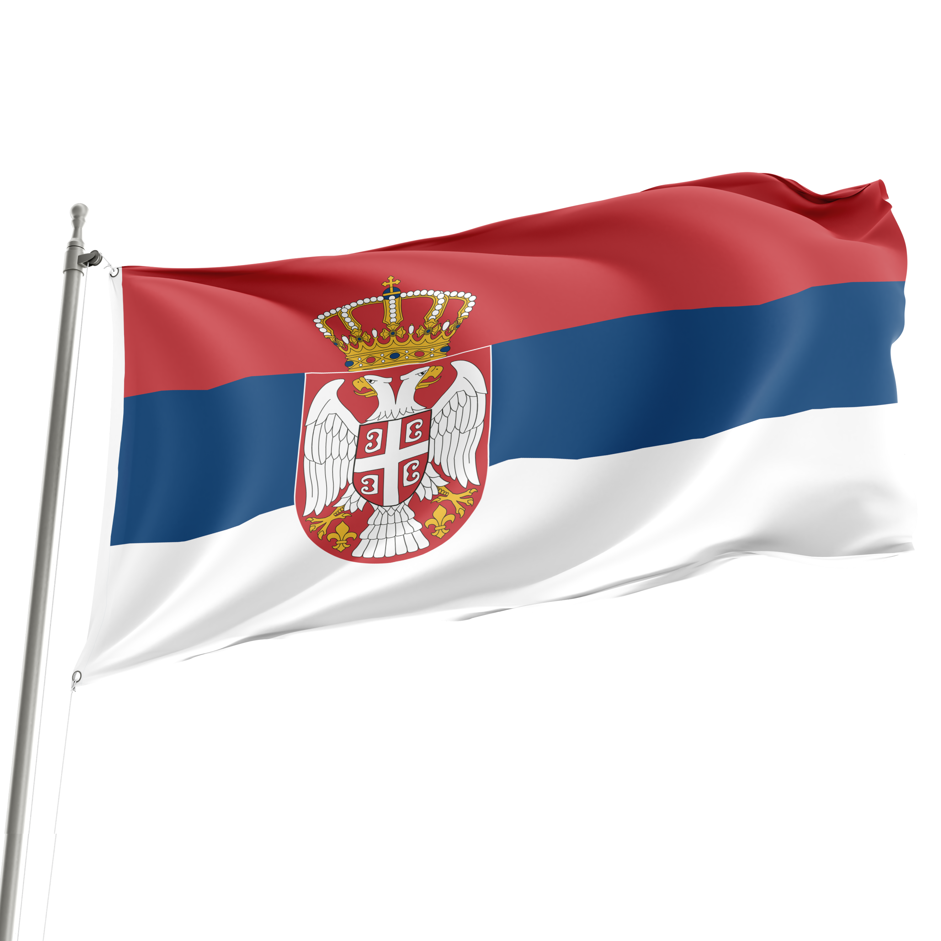 The flag of Serbia, featuring a white cross with a coat of arms in the center, on a background split into horizontal red and blue stripes. Imagen principal del producto