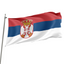 The flag of Serbia, featuring a white cross with a coat of arms in the center, on a background split into horizontal red and blue stripes.