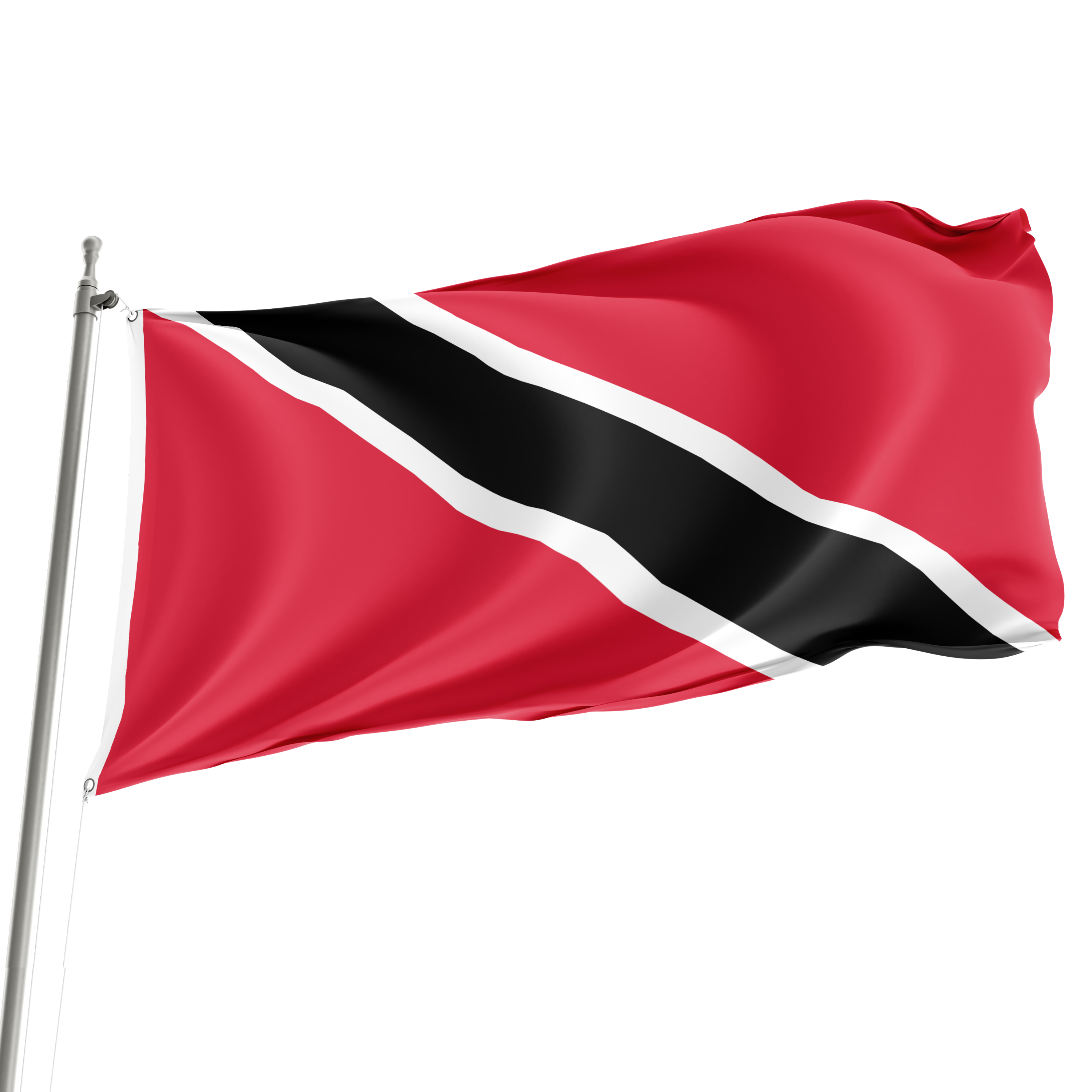 A 3' x 5' flag of Trinidad & Tobago displayed on a flagpole, showing the red, black, and white stripes. Imagen principal del producto