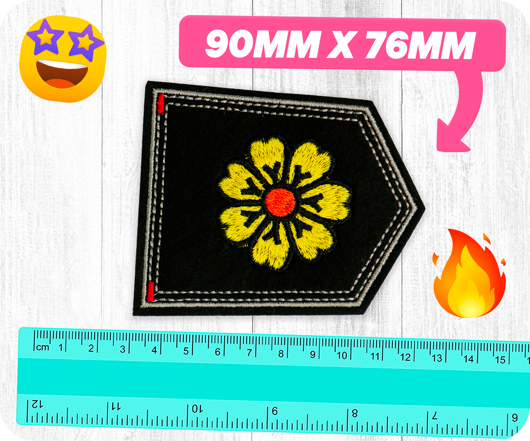 Yellow Flower Daisy & Shield Iron On Patch (9 x 7.5cm)