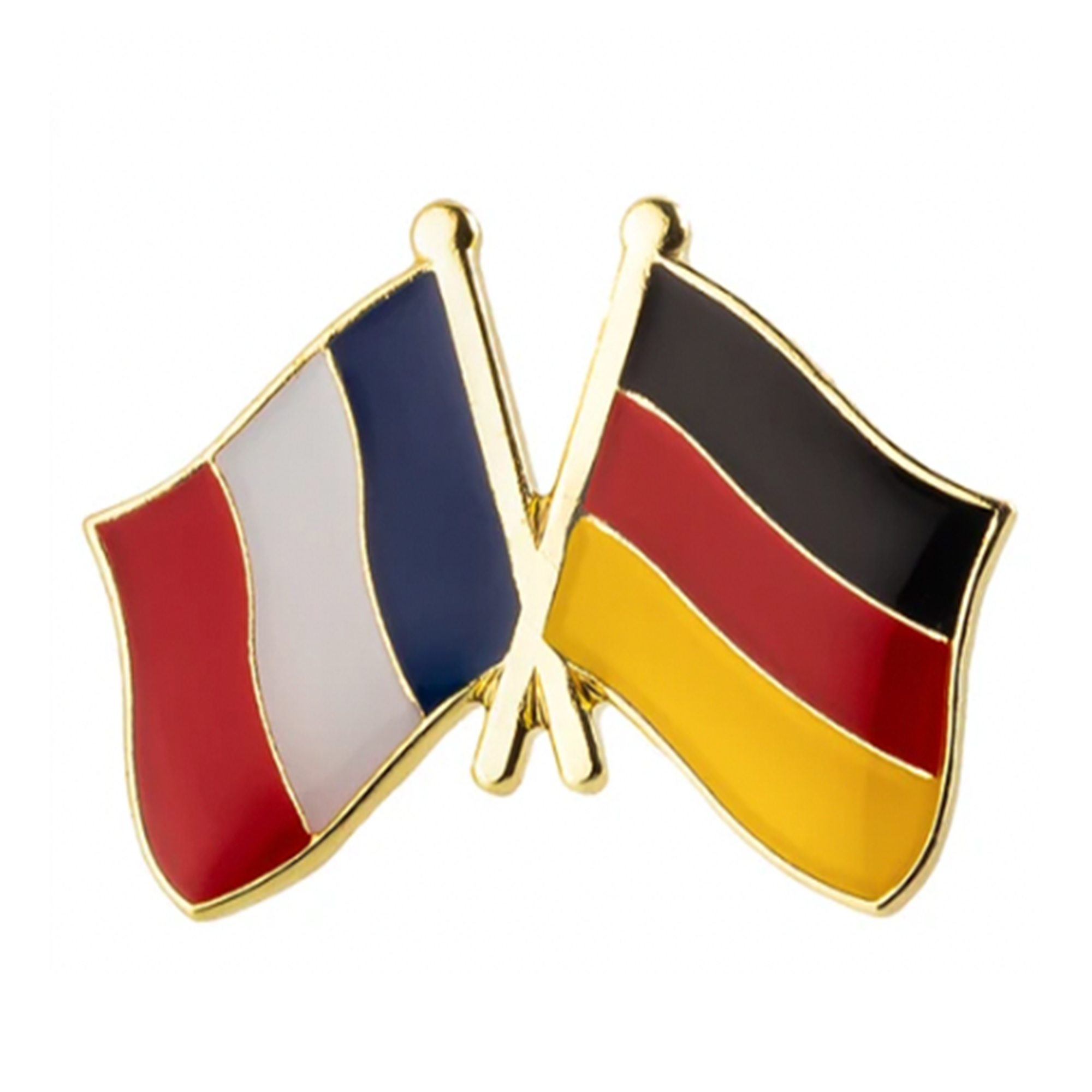 A pin badge featuring the flags of France and Germany in enamel colors with a gold-colored metal border. Imagen principal del producto