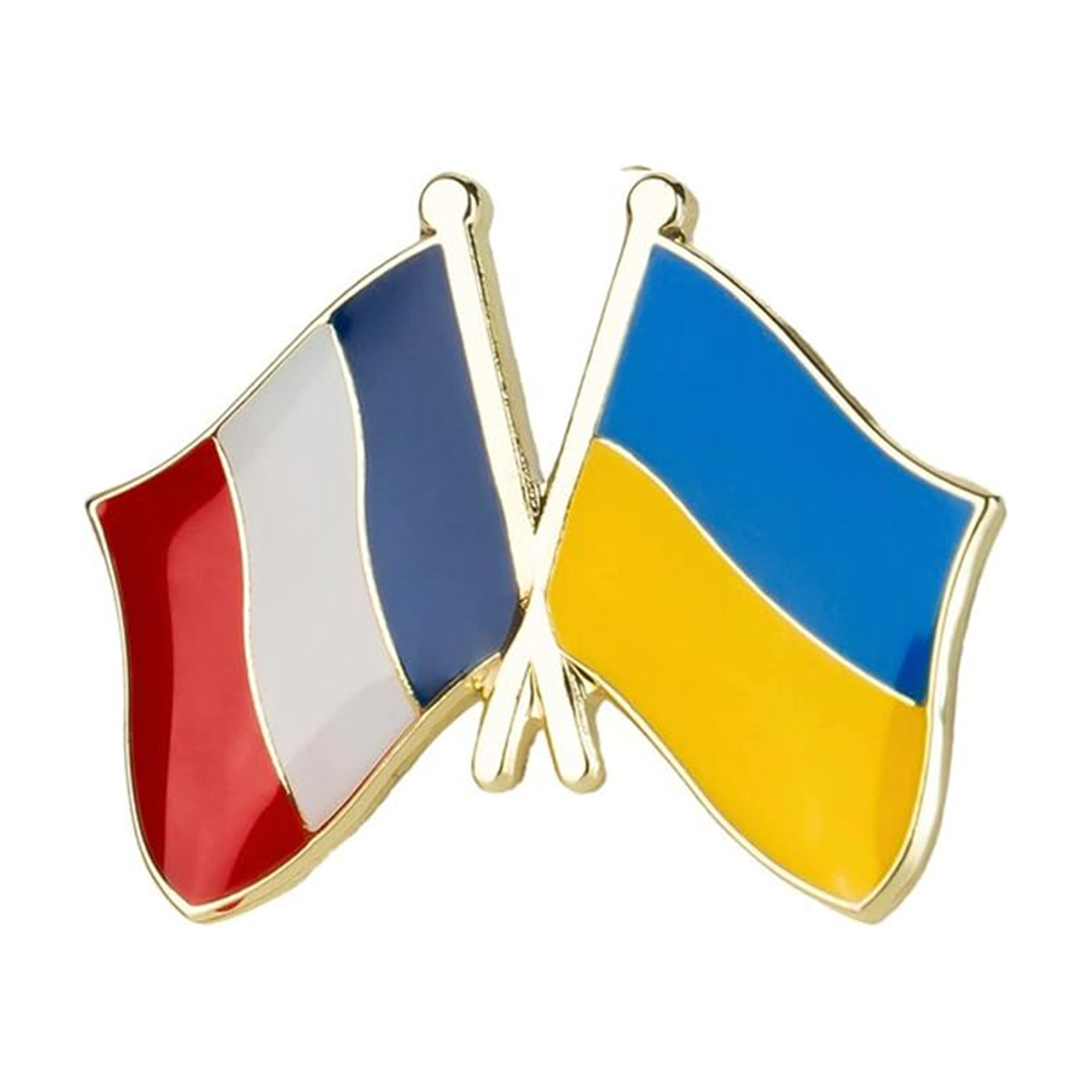 A pin badge featuring the flags of France and Ukraine in enamel colors with a brass plated iron backing. Imagen principal del producto