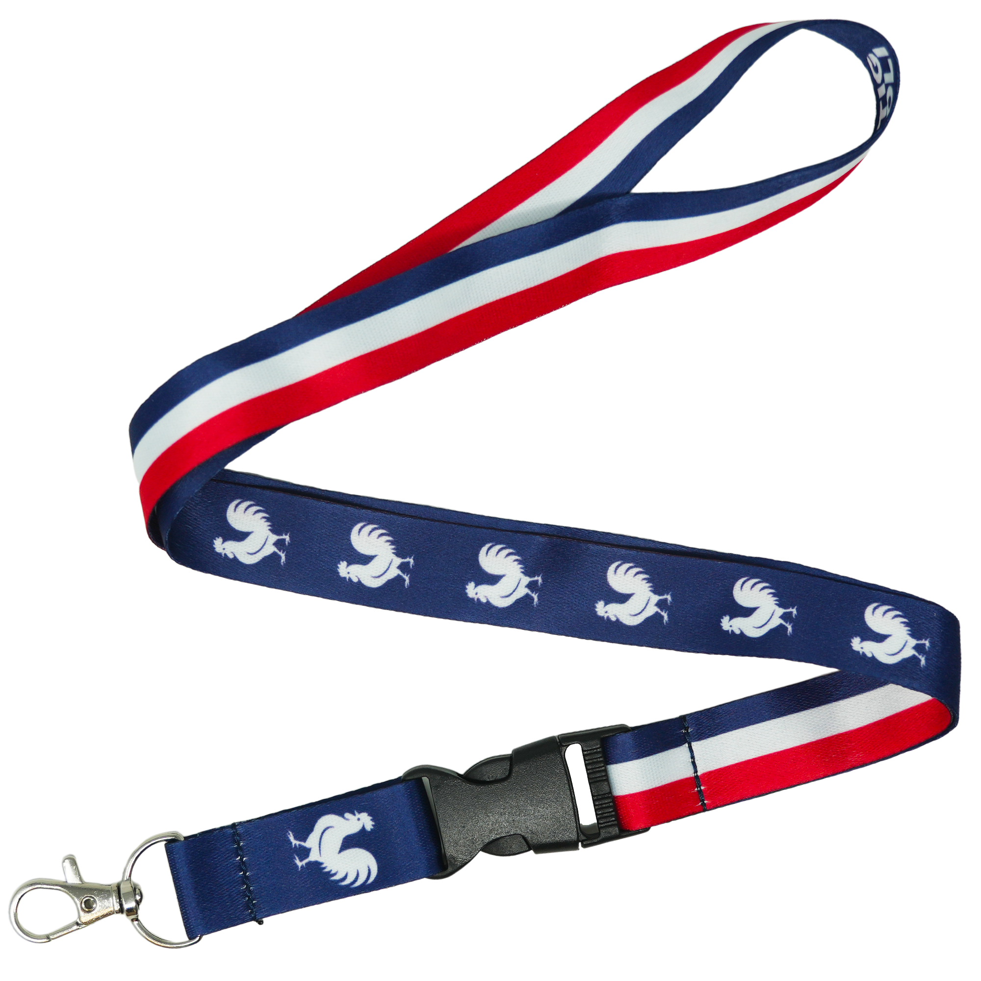 France Flag Lanyard – Tricolour Blue, White & Red with Gallic Rooster Emblem Main image