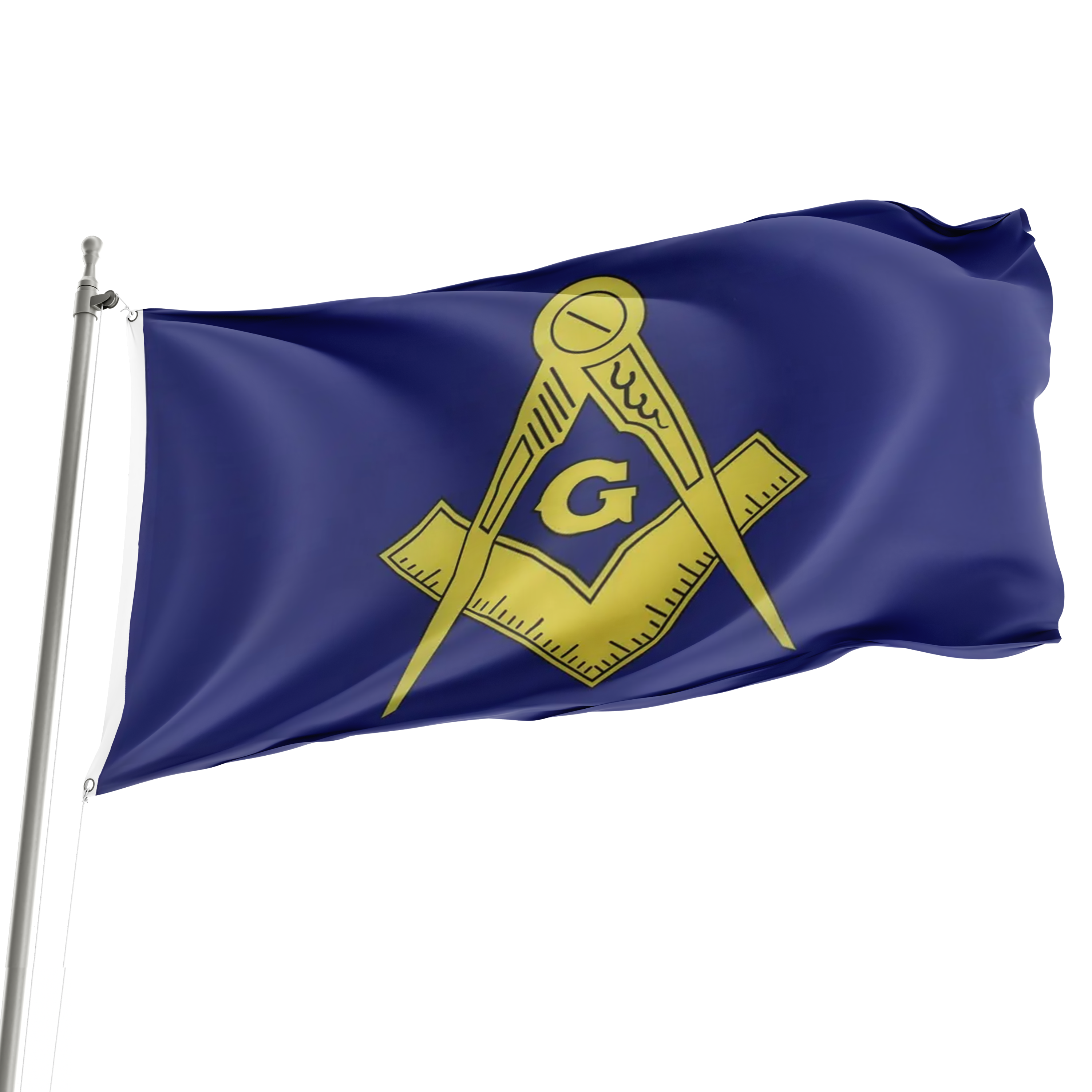 A blue flag with a gold Masonic symbol flying on a pole. Imagen principal del producto