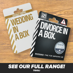 Divorce in a Box – Funny Novelty Gag Gift Set with Divorce Certificate, Application Form, Drinks Voucher, Dating Coupon, Party Horn & Stickers