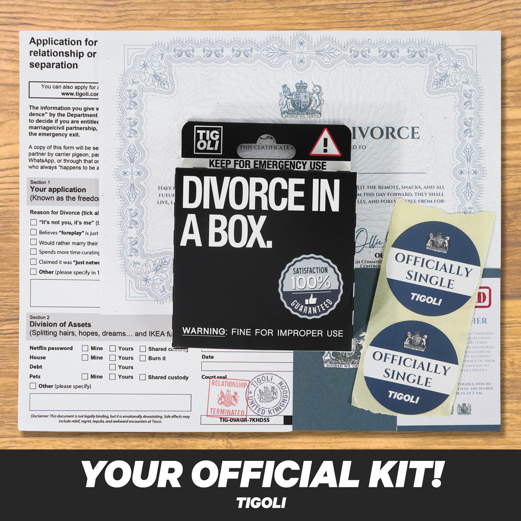 Divorce in a Box – Funny Novelty Gag Gift Set with Divorce Certificate, Application Form, Drinks Voucher, Dating Coupon, Party Horn & Stickers