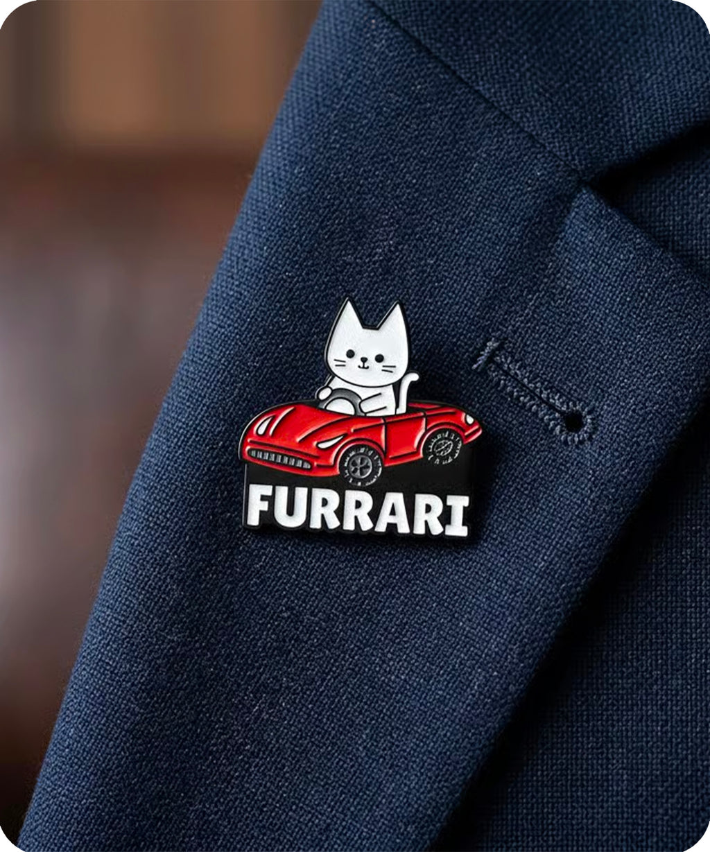 Furrari Cat Driving Red Sports Car Enamel Pin Badge