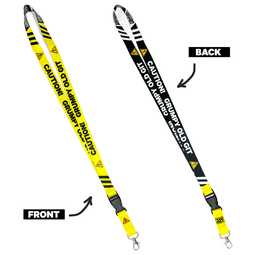 A collection of yellow and black lanyards with various humorous text designs, including 'Caution! Insanely Funny Lanyard' and 'Video Gaming Queen'. One lanyard features a detachable buckle.
