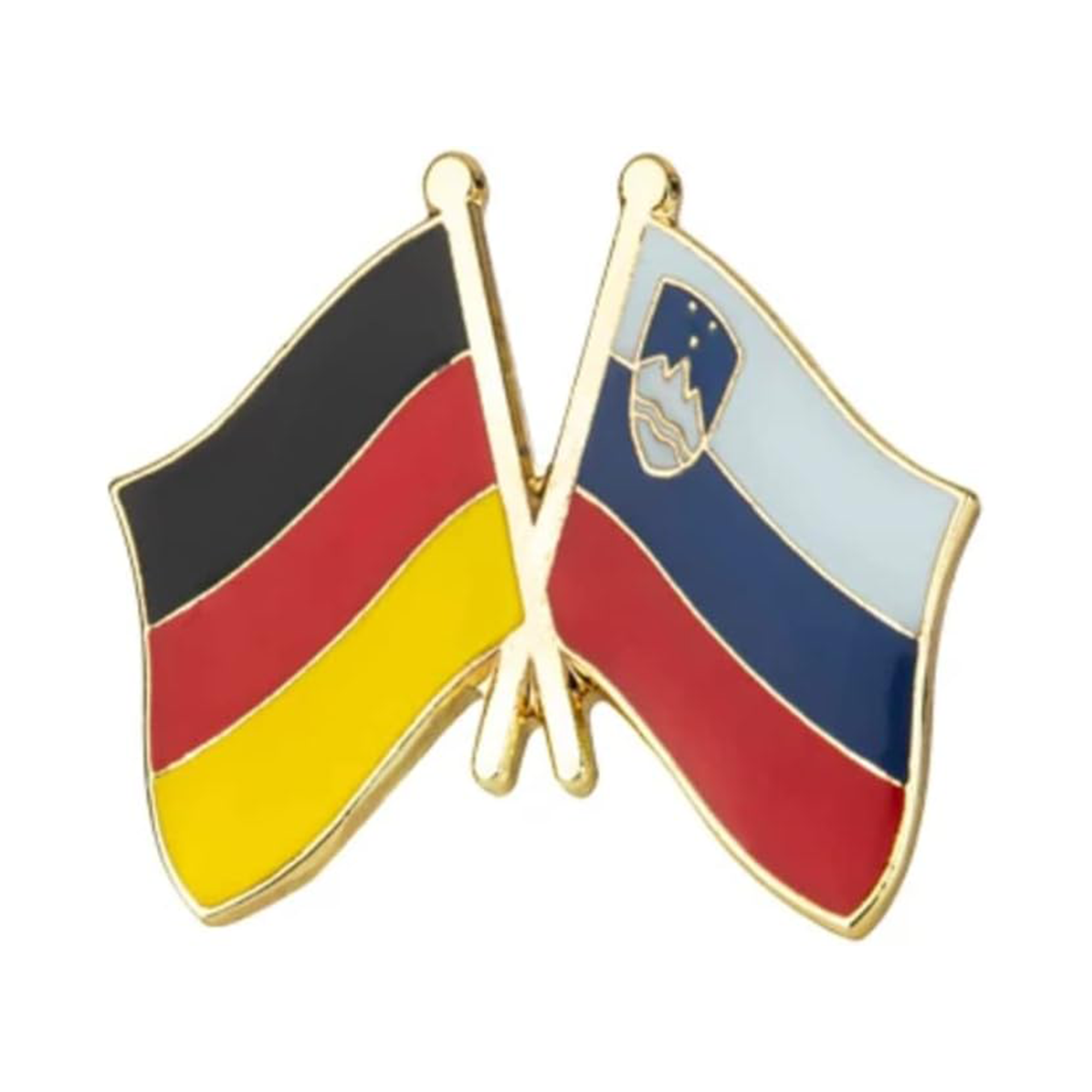 A pin badge featuring the flags of Germany and Slovenia with a playful design, possibly representing the friendship between the two countries. Imagen principal del producto