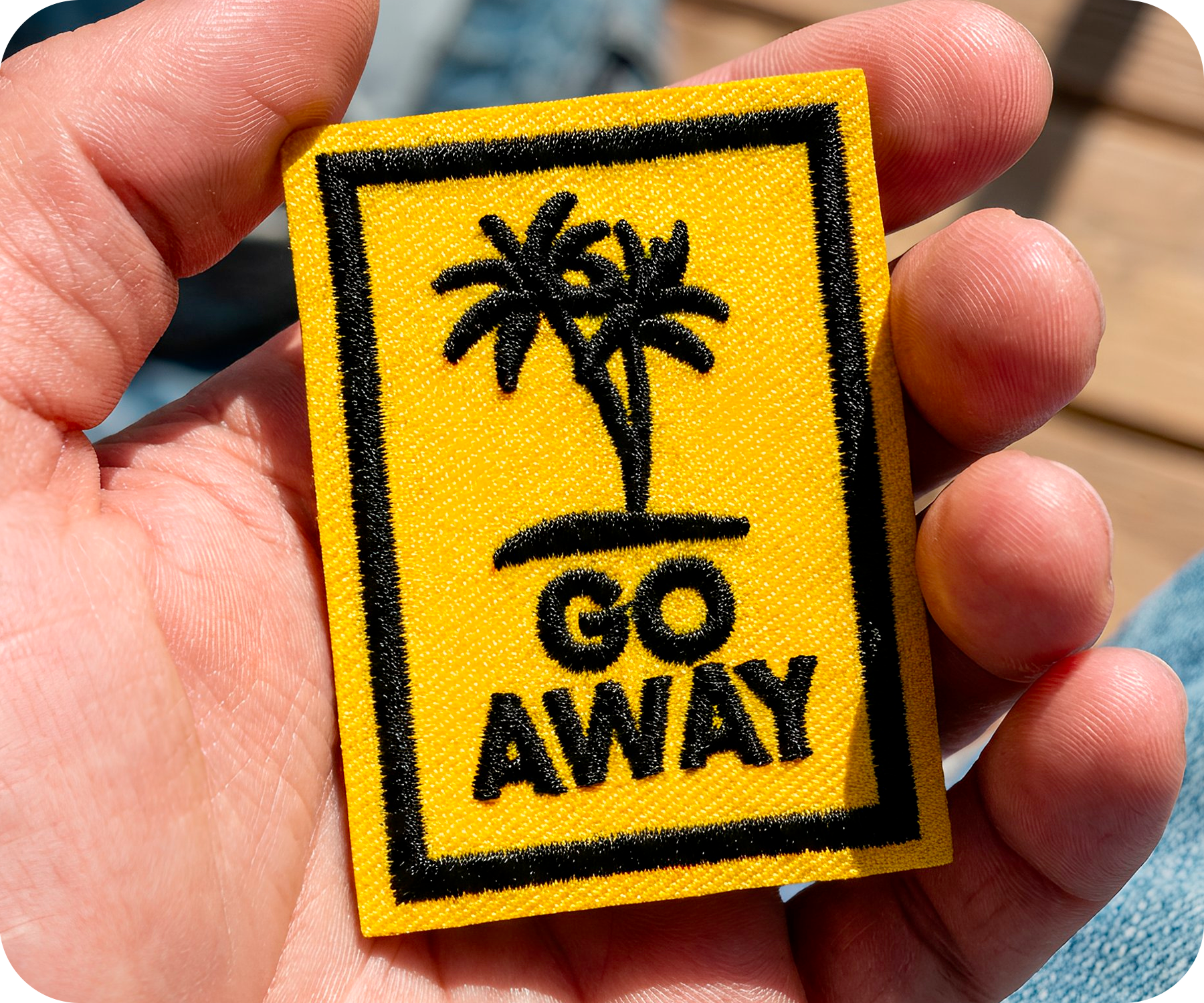 GO Away Travel Palm Trees Yellow Iron On Patch (4.5 x 6.4cm)