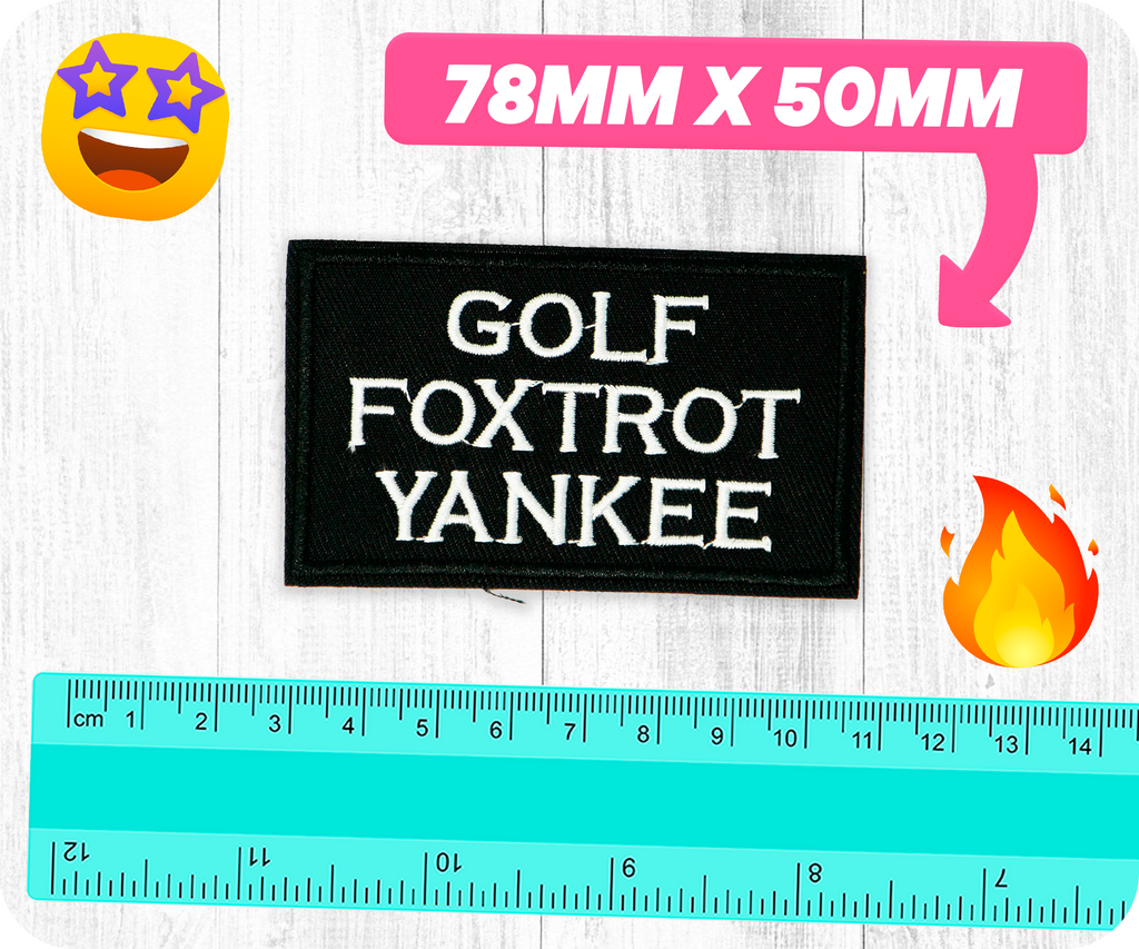 GFY Gold Foxtrot Yankie Funny Black Badge Iron On Patch (7.8 x 5cm)