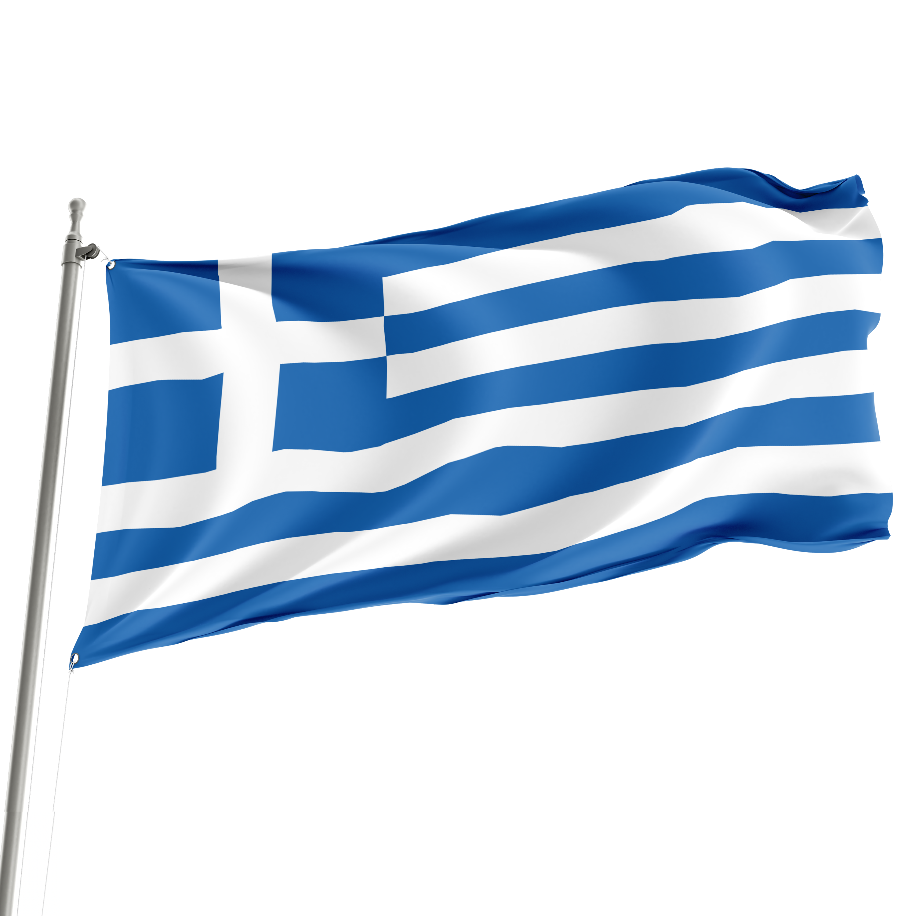 A 3' x 5' Greece flag displayed on a flagpole, showing the blue and white stripes. Imagen principal del producto