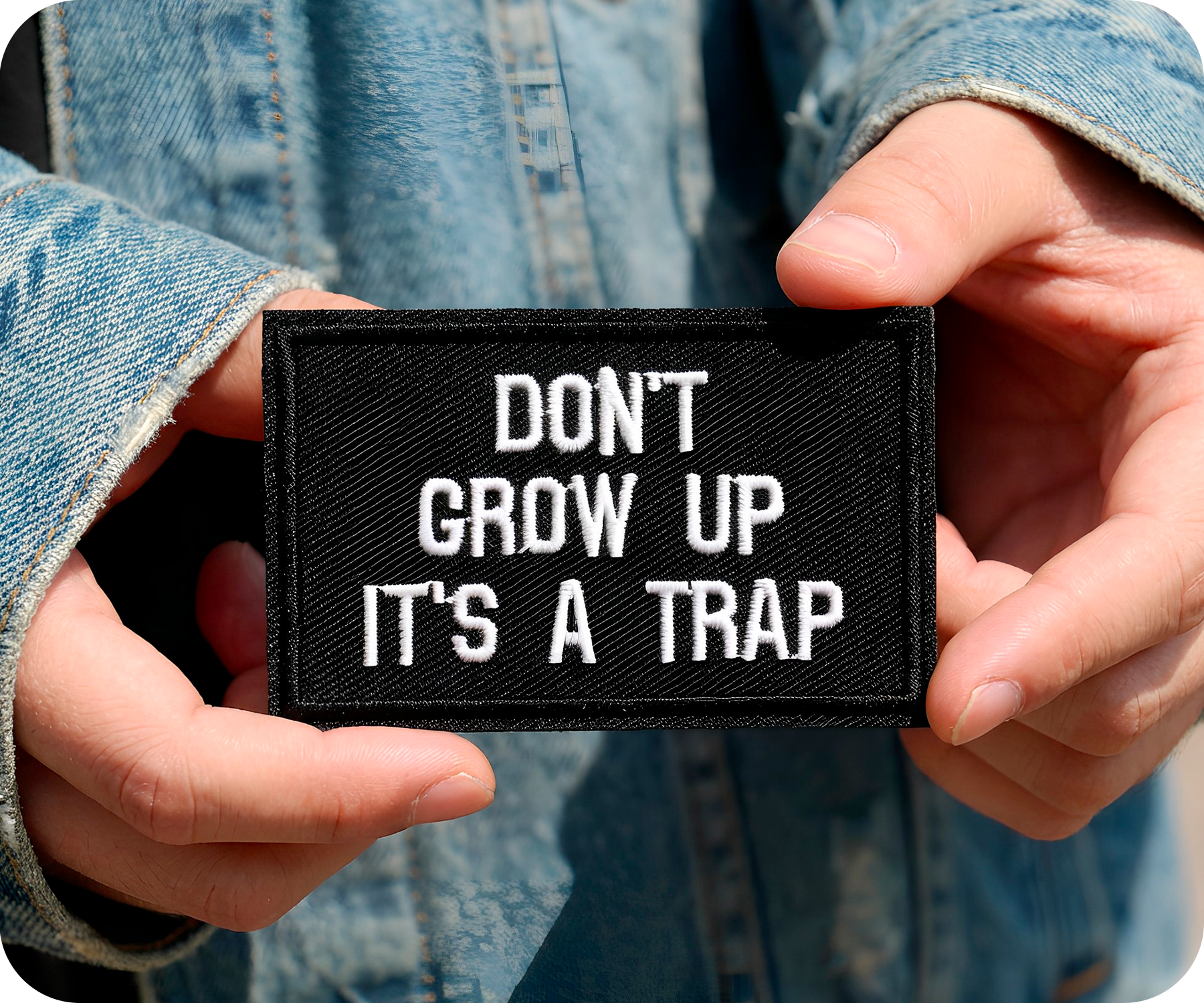 Don't Grow Up It's A Trap Black Iron On Patch (7.8 x 5cm) Secondary image