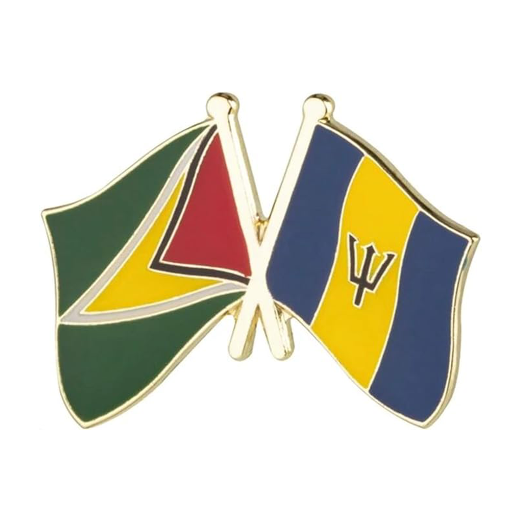 A friendship pin badge featuring the flags of Guyana and Barbados with a yellow and red stripe, green and yellow, and a blue and yellow design respectively, on a white background. Imagen principal del producto