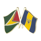 A friendship pin badge featuring the flags of Guyana and Barbados with a yellow and red stripe, green and yellow, and a blue and yellow design respectively, on a white background.