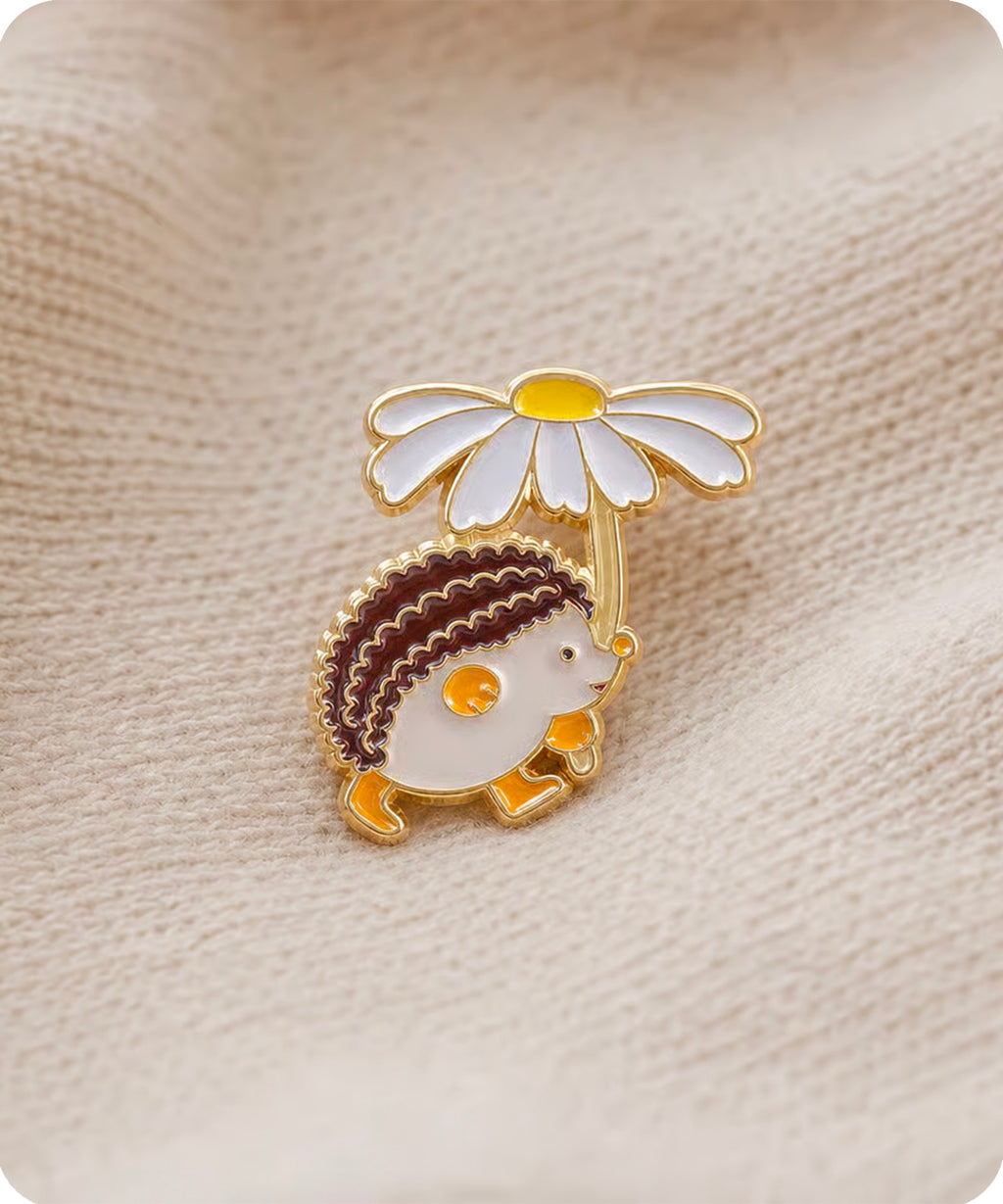 Cute Hedgehog with Daisy Flower Enamel Pin Badge