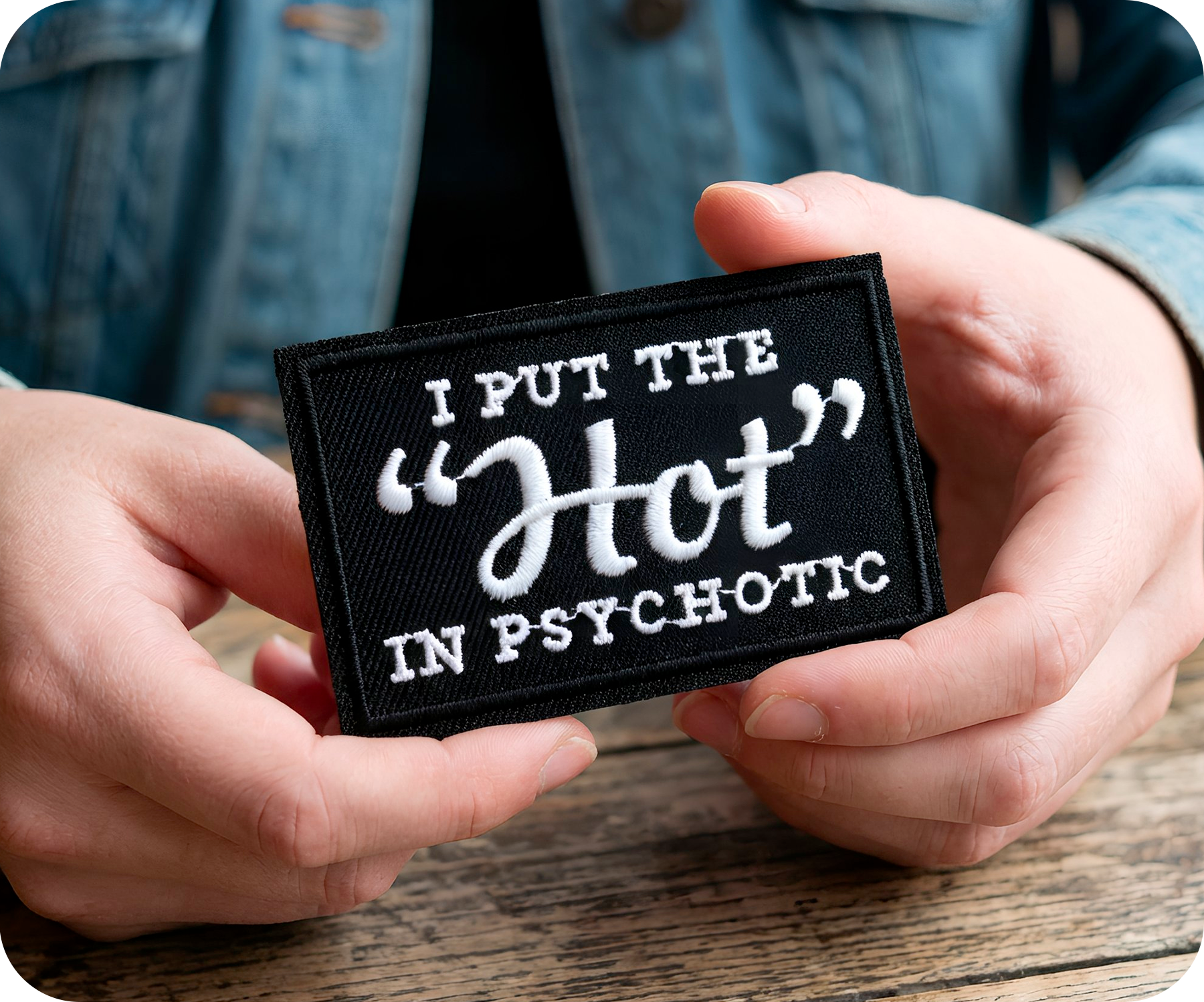 I Put The Hot In Psychotic Black Iron On Patch (7.8 x 5cm) Secondary image
