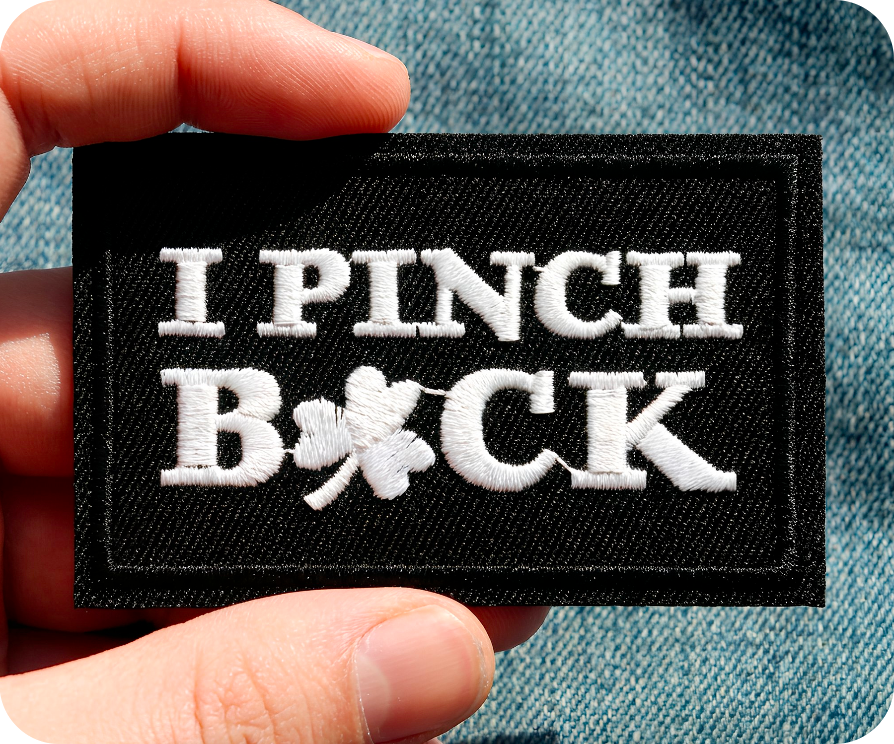 I Pinch Back Shamrock Irish Clover Black Iron On Patch (7.8 x 5cm)