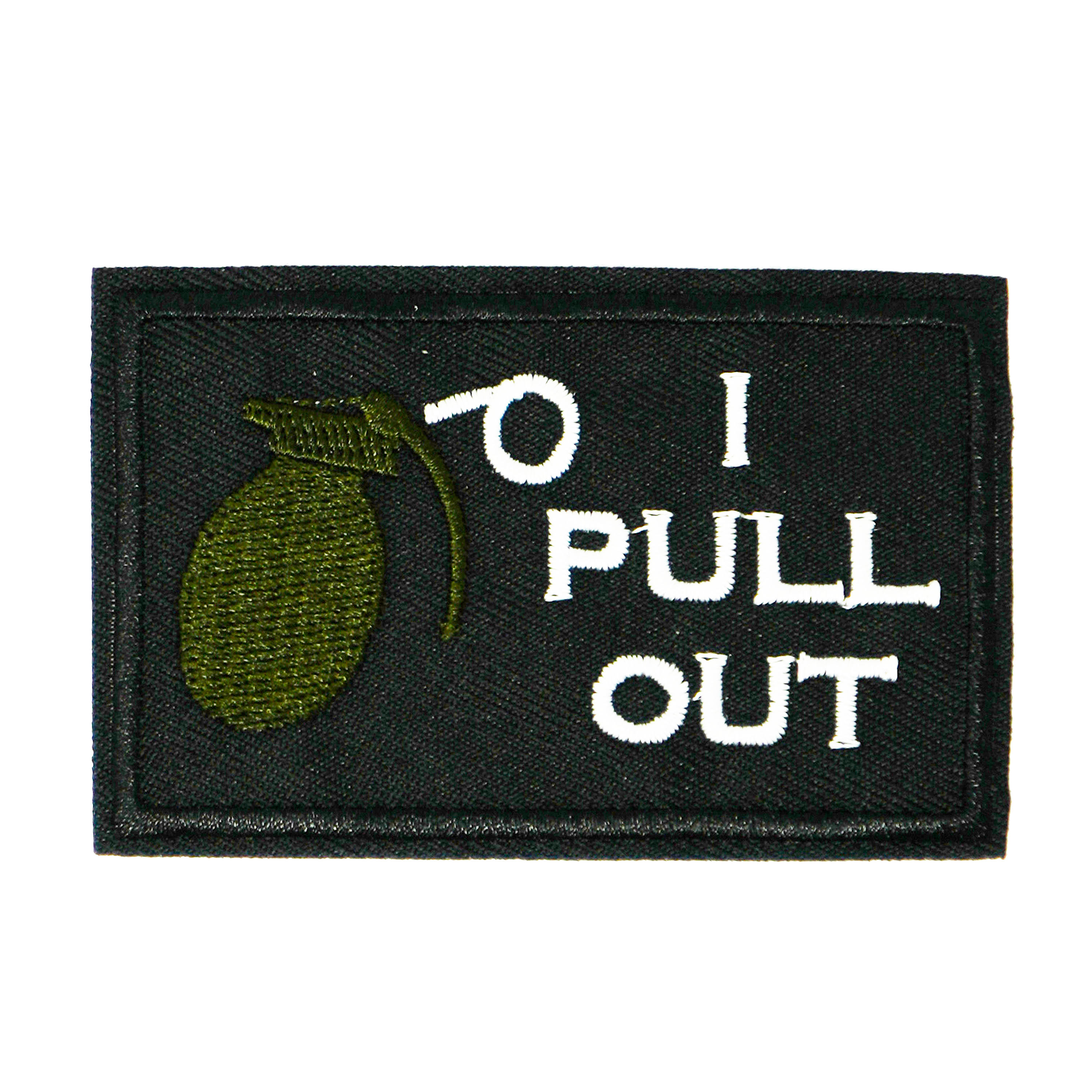I Pull Out, Grenade Funny Black Iron On Patch (7.8 x 5cm) Main image