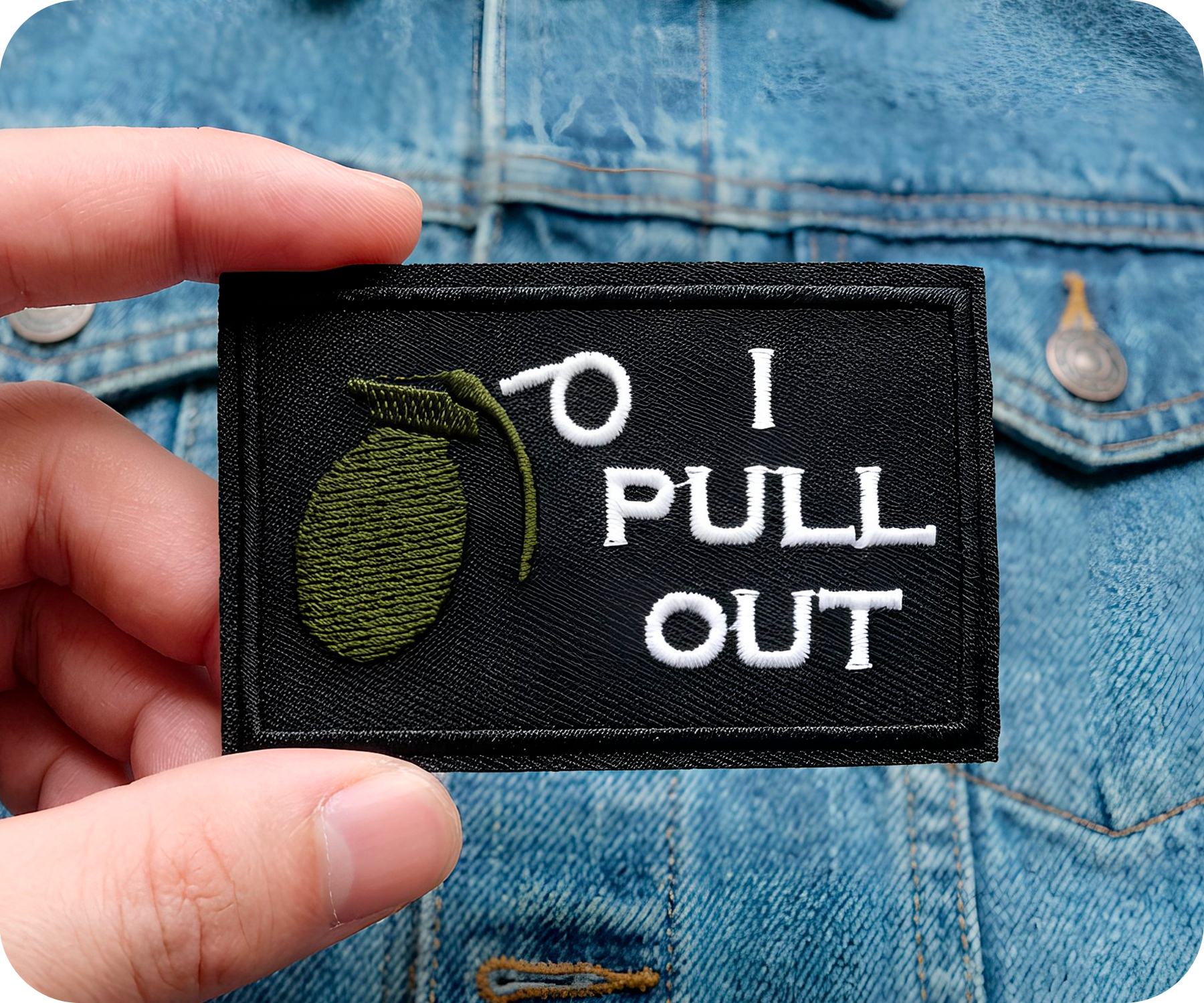 I Pull Out, Grenade Funny Black Iron On Patch (7.8 x 5cm) Secondary image